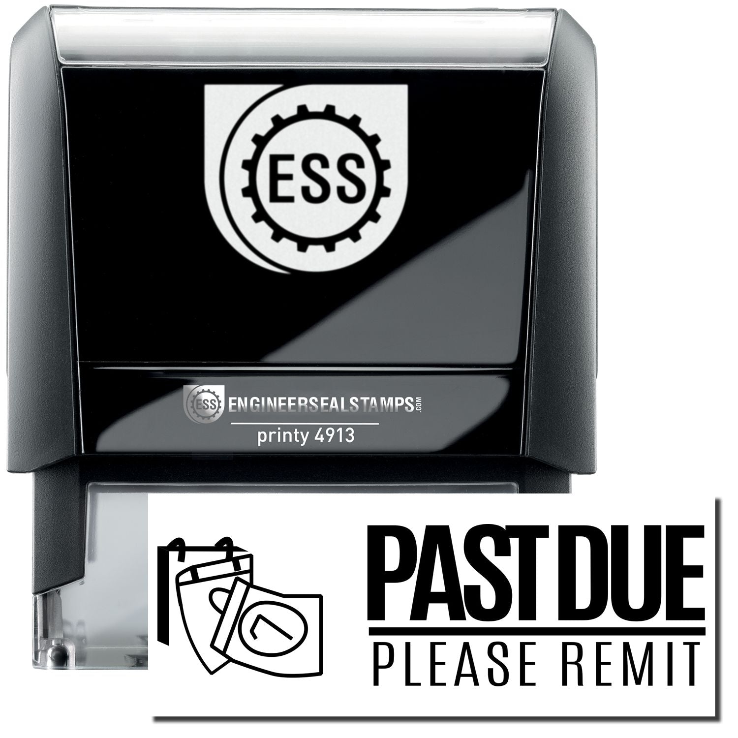 A self-inking stamp with a stamped image showing how the text PAST DUE PLEASE REMIT in a large font ( PAST DUE in bold font with a line underneath; PLEASE REMIT in narrow font) with an icon of a calendar on the left side is displayed after stamping.