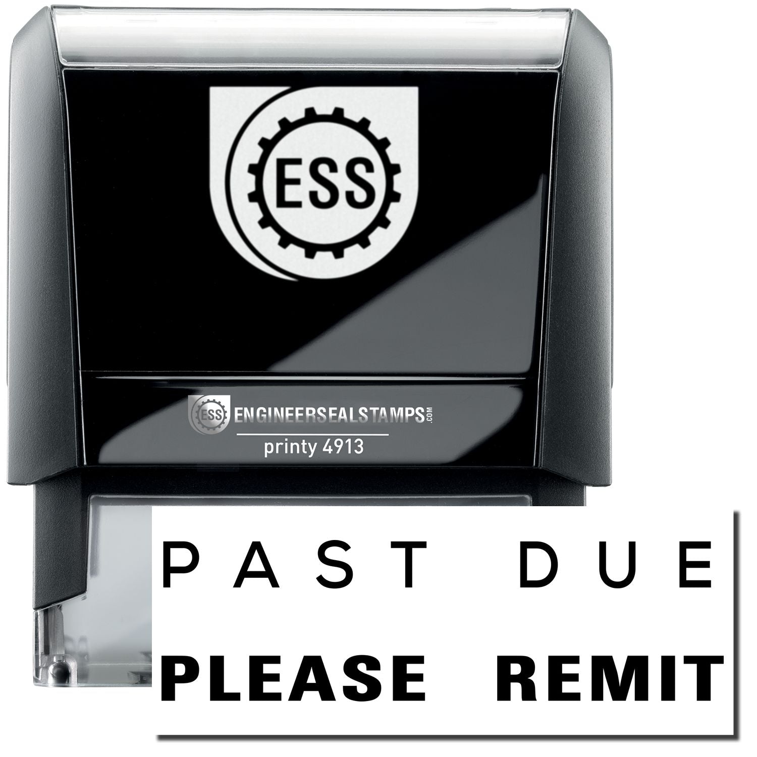 A self-inking stamp with a stamped image showing how the text PAST DUE PLEASE REMIT in a large font ( PAST DUE in narrow font; PLEASE REMIT in bold font) is displayed after stamping.