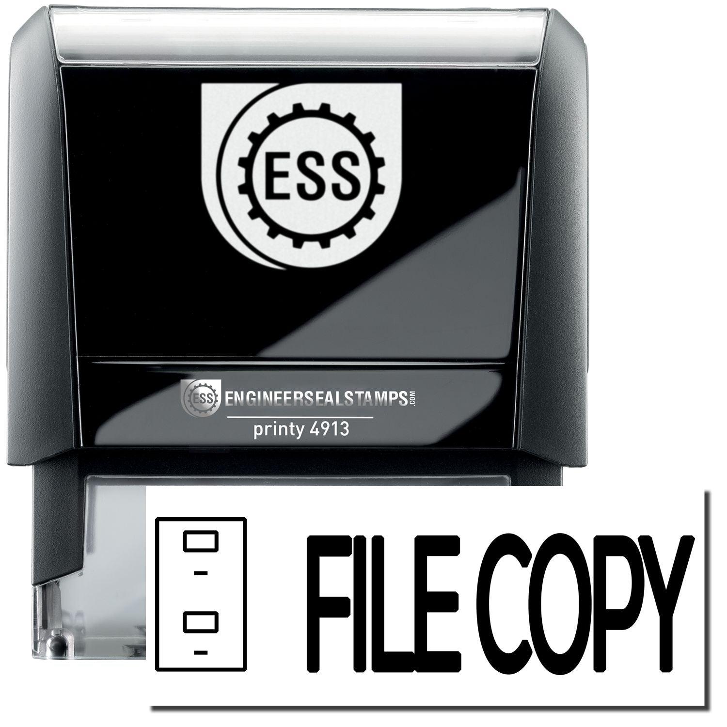 A self-inking stamp with a stamped image showing how the text FILE COPY in a large bold font with a small image of a drawer on the left side is displayed after stamping.