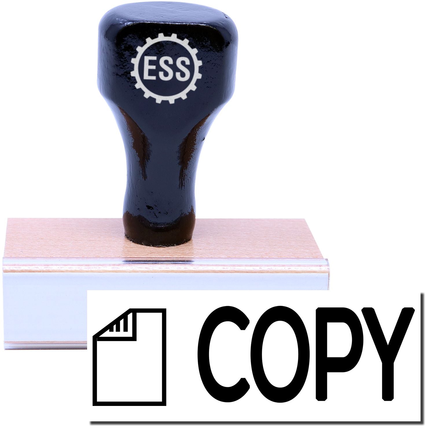 A stock office rubber stamp with a stamped image showing how the text COPY in a large bold font with a small image of a letter on the left side is displayed after stamping.