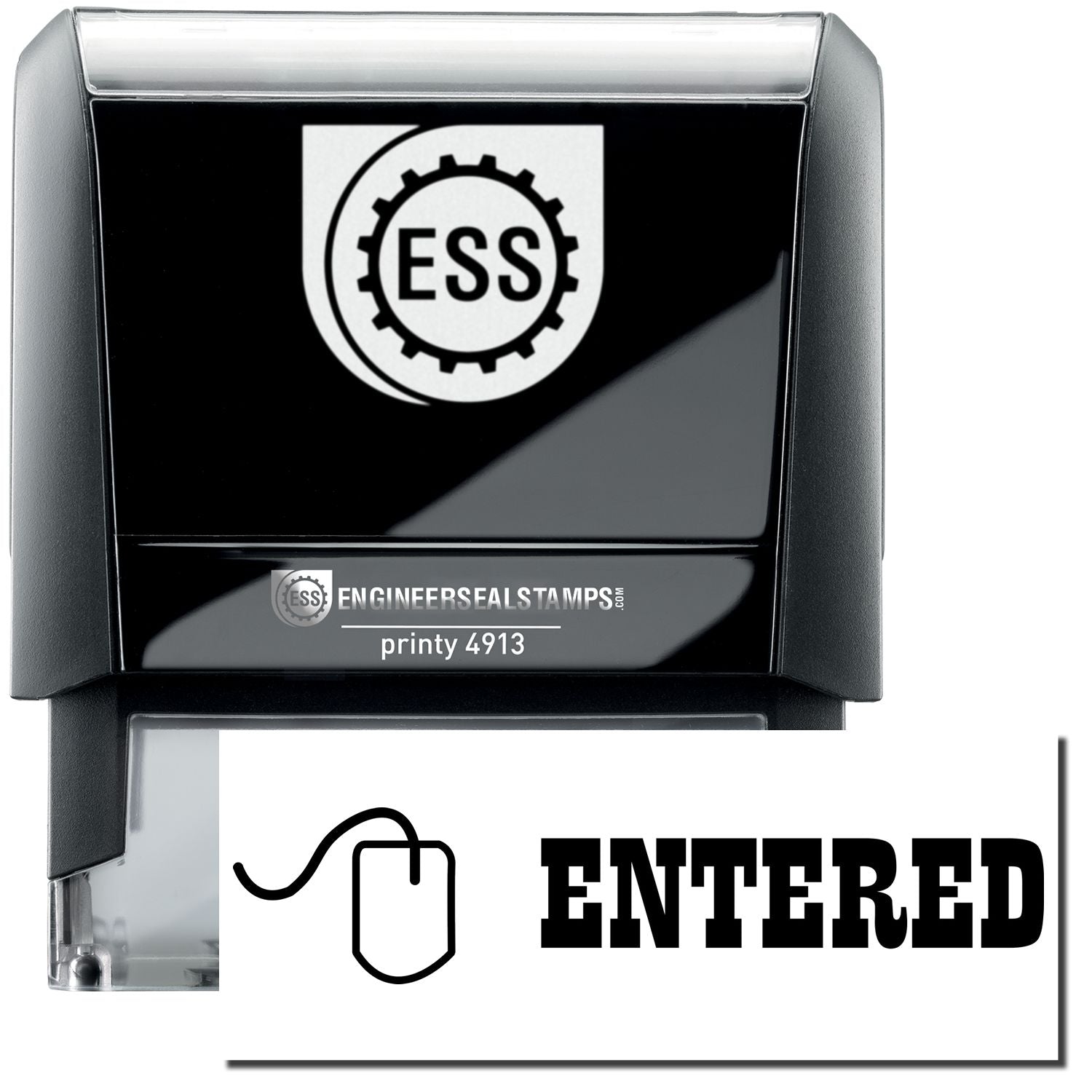 A self-inking stamp with a stamped image showing how the text ENTERED in a large bold font with a small icon of a mouse on the left side is displayed after stamping.