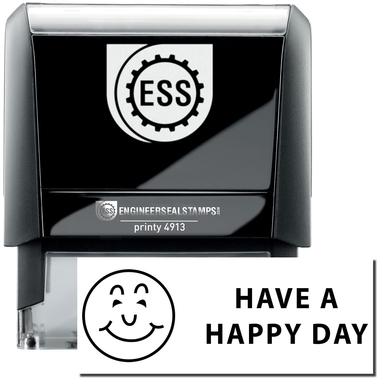 A self-inking stamp with a stamped image showing how the text HAVE A HAPPY DAY in a large font with an icon of a smiling face next to it is displayed after stamping.