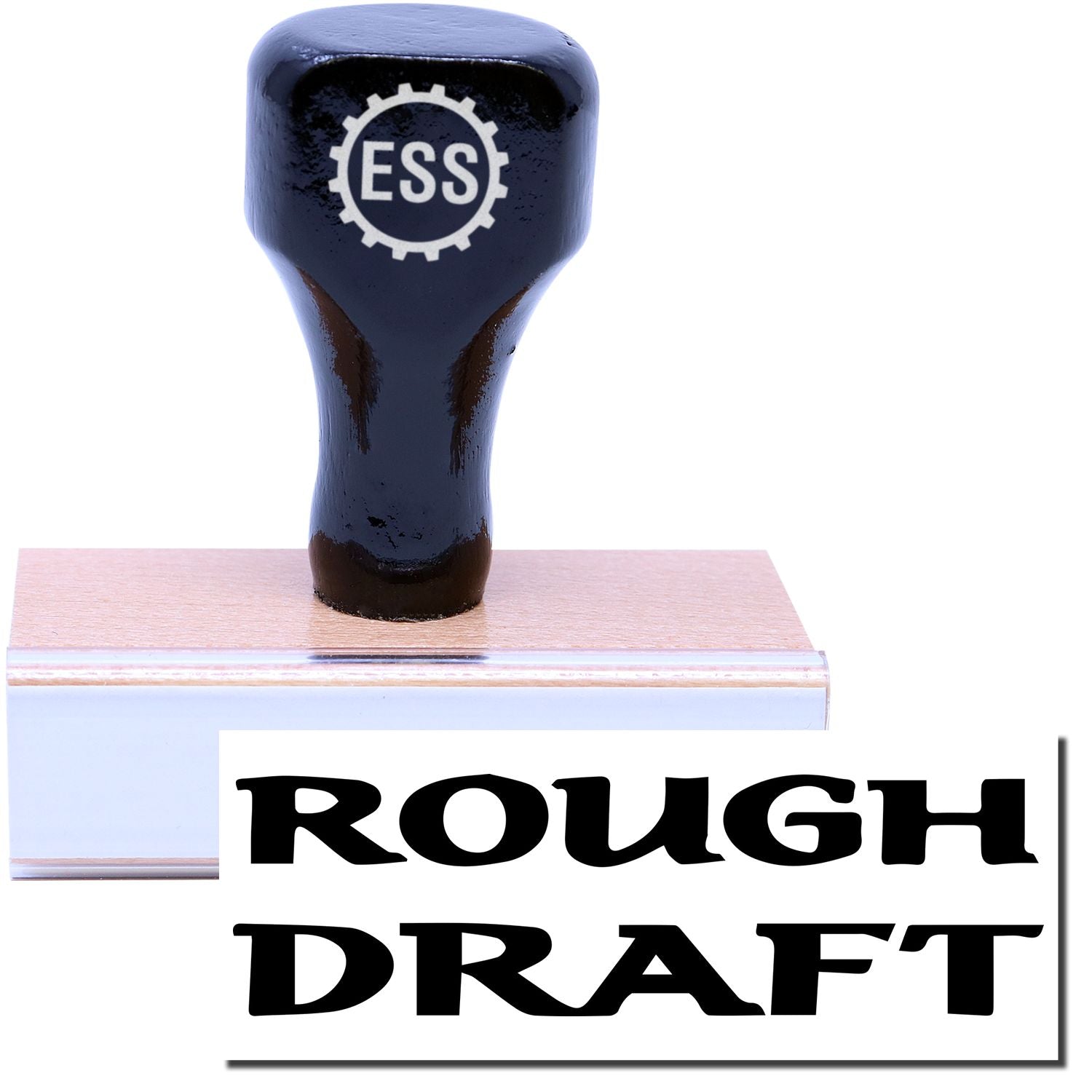 A stock office rubber stamp with a stamped image showing how the text ROUGH DRAFT in a large bold font is displayed after stamping.