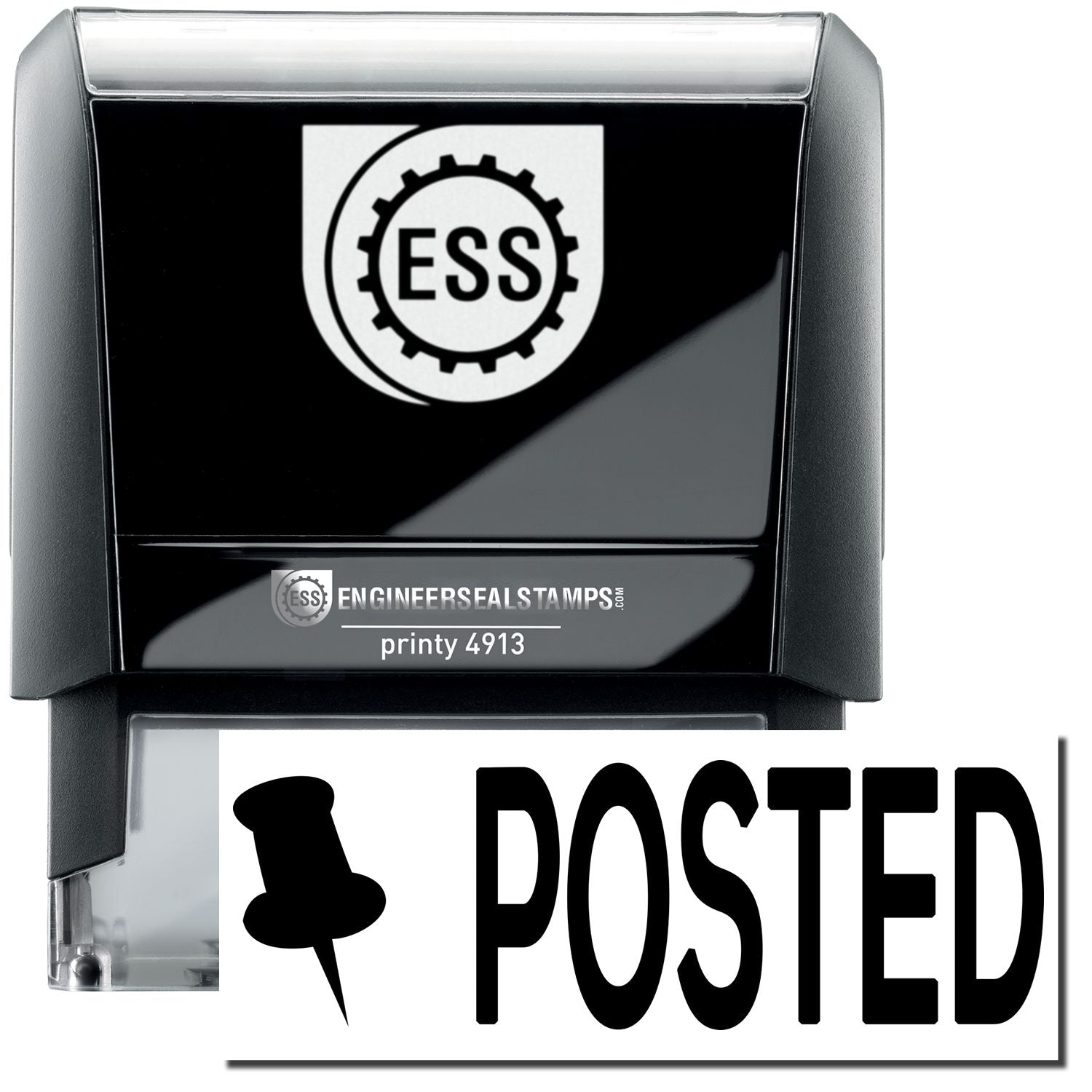 A self-inking stamp with a stamped image showing how the text "POSTED" in a large bold font with a thumbtack image on the left side is displayed after stamping.