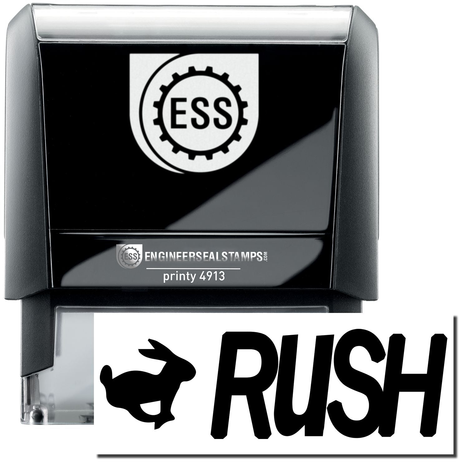 A self-inking stamp with a stamped image showing how the text RUSH in a large bold font with an image of a rabbit on the left side is displayed after stamping.