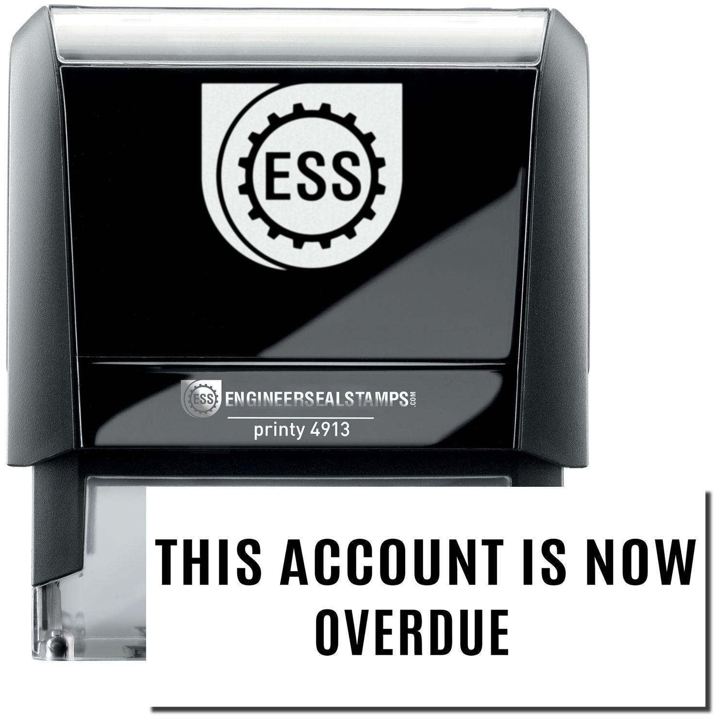 A self-inking stamp with a stamped image showing how the text THIS ACCOUNT IS NOW OVERDUE in a large narrow font is displayed after stamping.