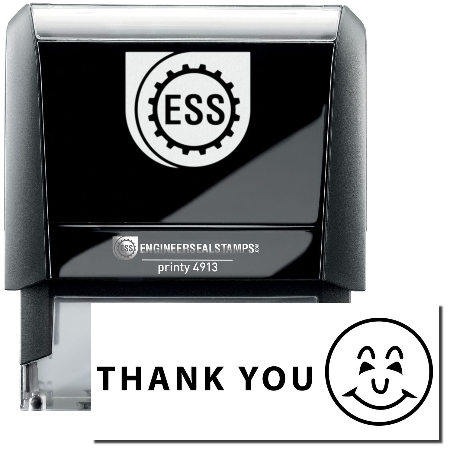 A self-inking stamp with a stamped image showing how the text THANK YOU in a large font with an image of a Smiley face on the right side is displayed after stamping.