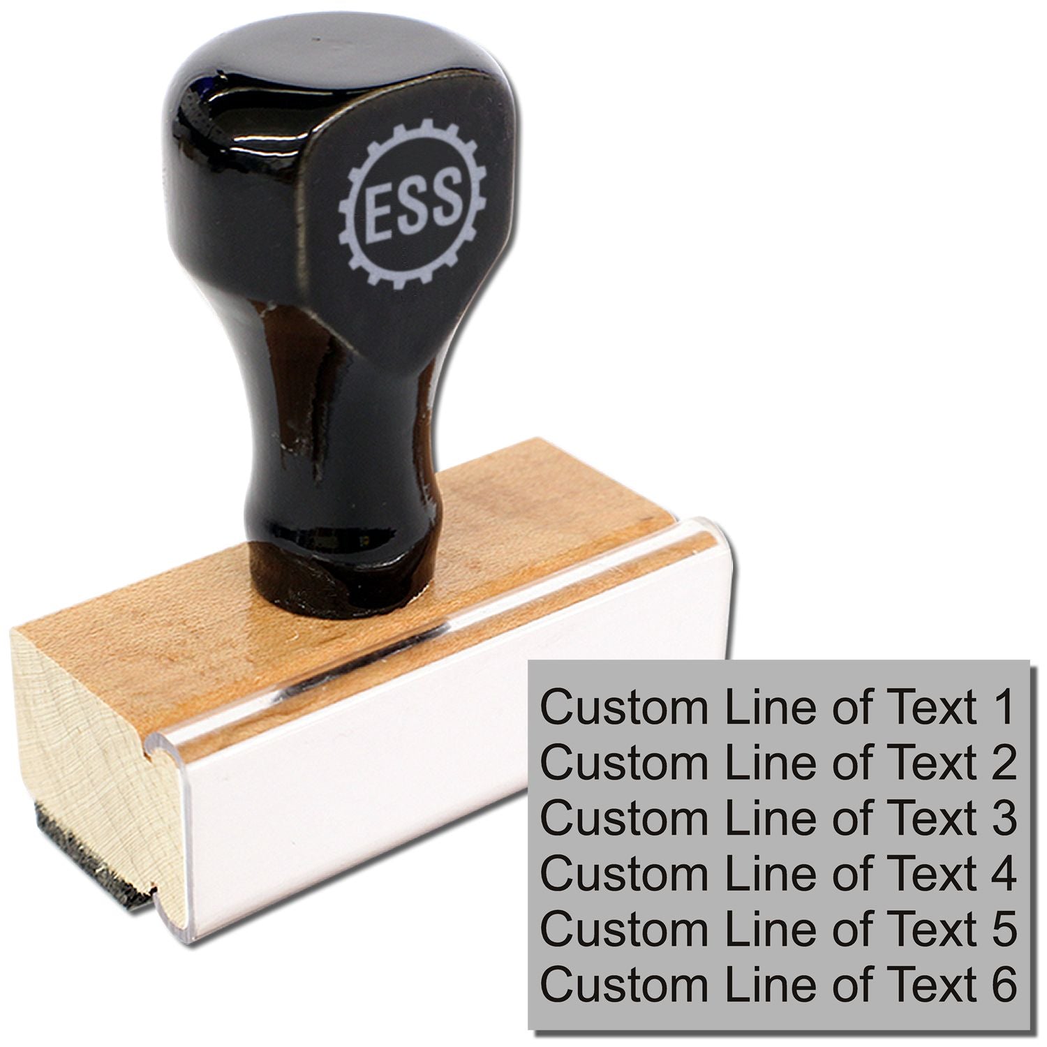 6 Line Custom Rubber Stamp with Wood Handle, ideal for personalized imprinting, featuring a sturdy wooden grip.