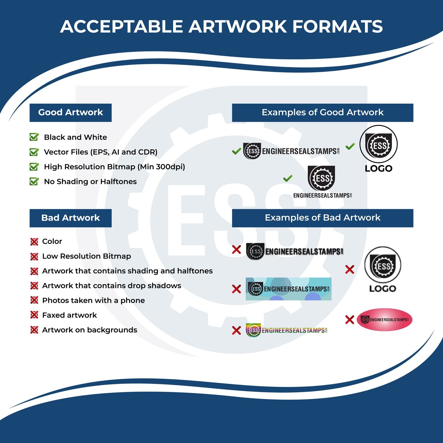 Acceptable artwork formats for Custom Rubber Stamp Size 2 x 7, including good and bad examples, with emphasis on vector files and high resolution.