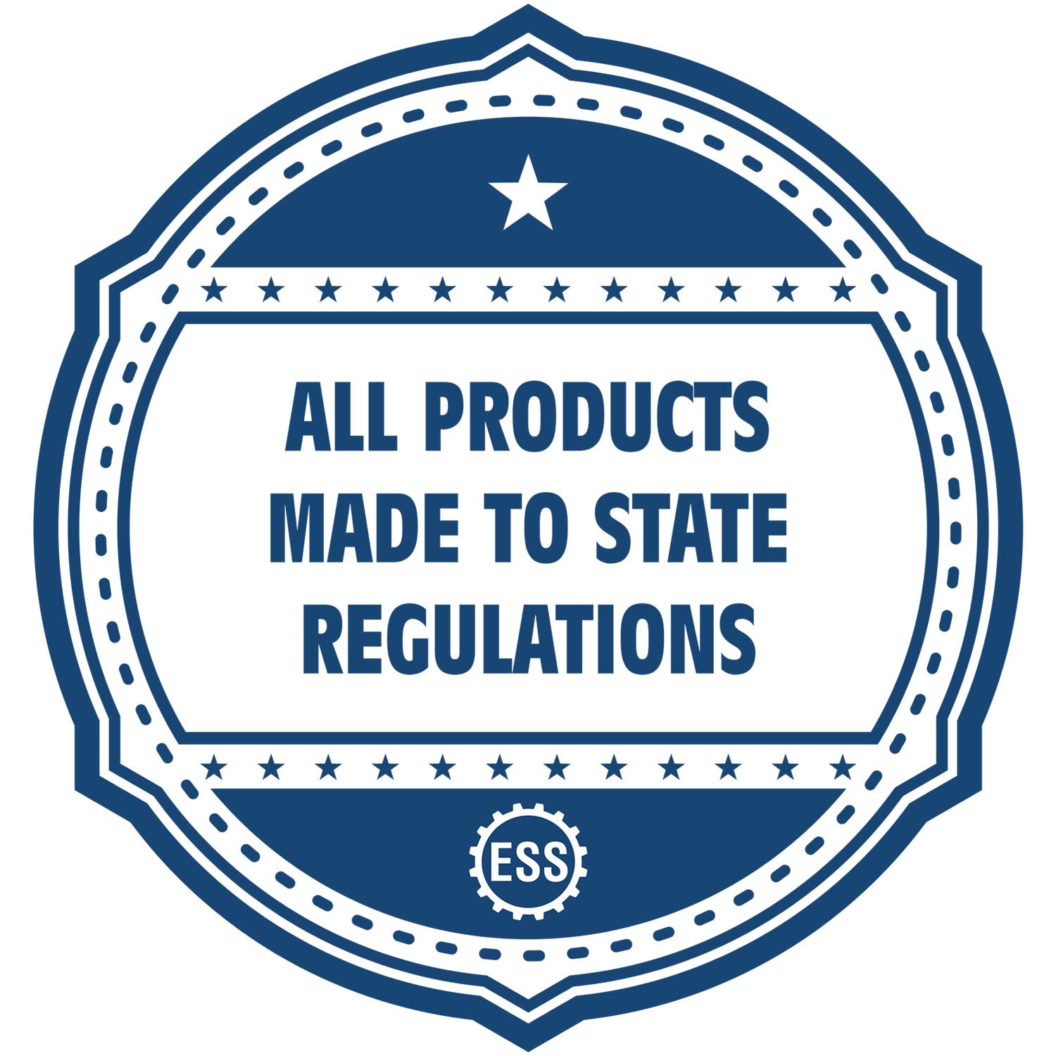 An icon or badge element for the Heavy-Duty Nevada Rectangular Notary Stamp showing that this product is made in compliance with state regulations.