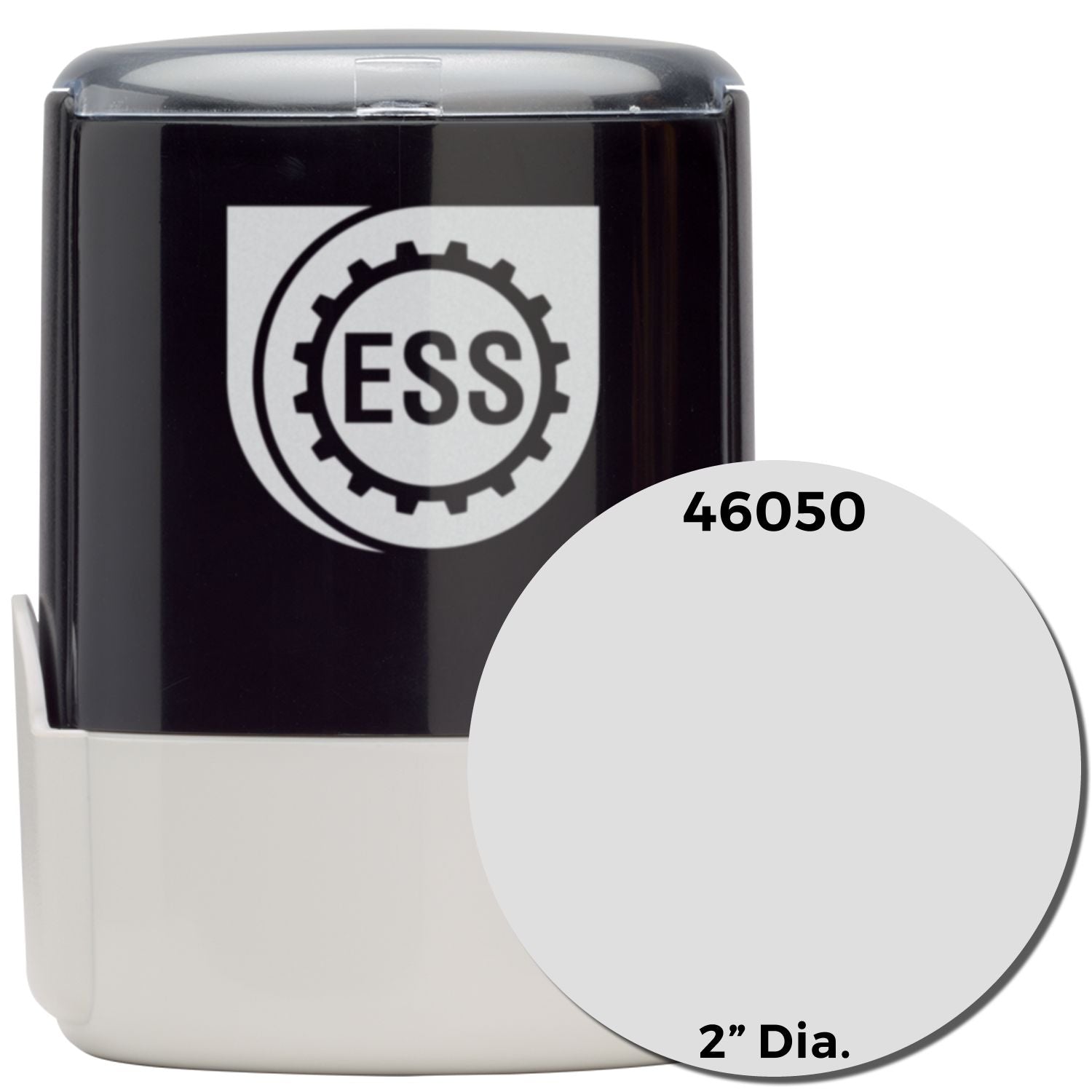 Custom Self Inking Stamp Trodat 46050, 2 diameter, black and white with ESS logo, shown with a clear cap and white base.