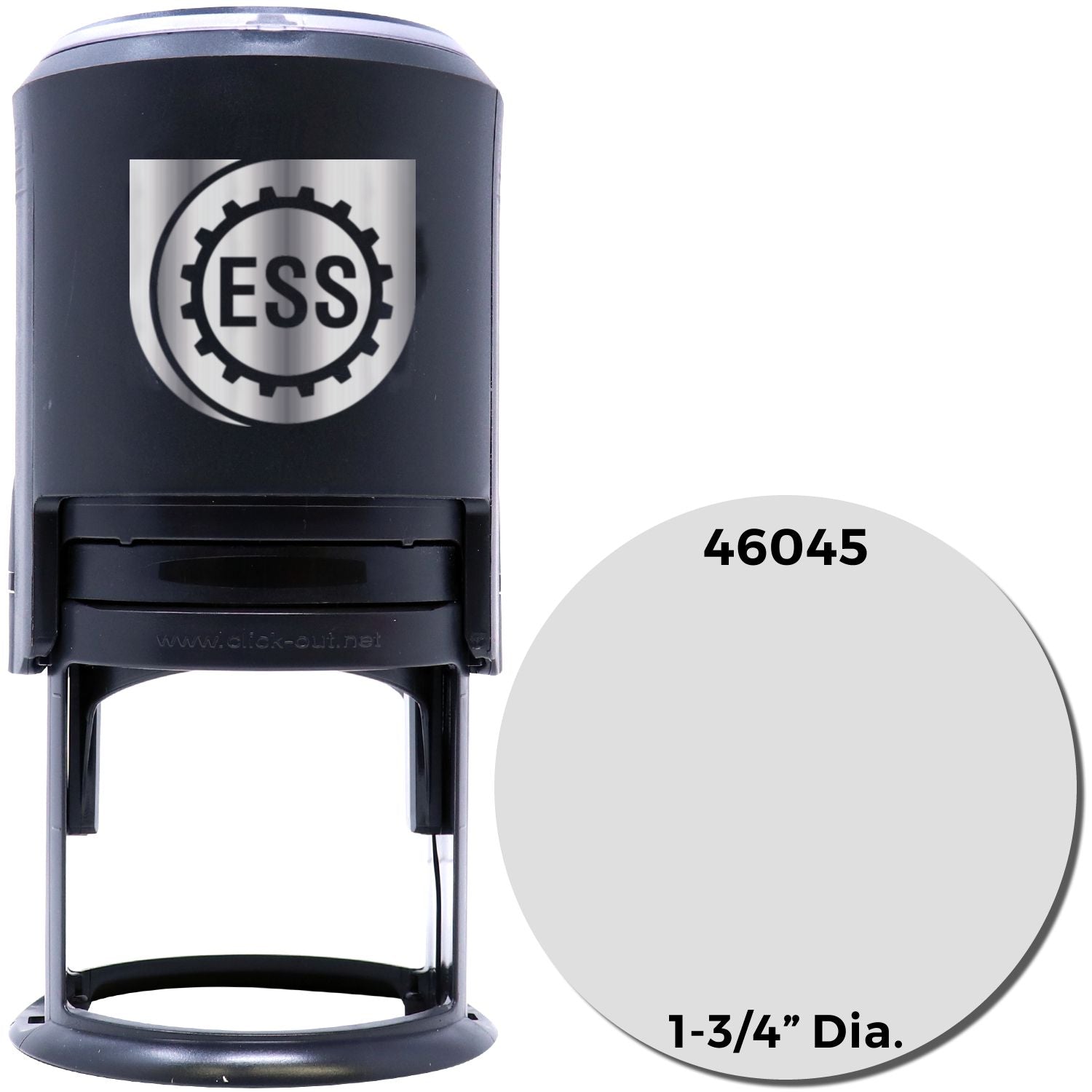 Custom Self Inking Stamp Trodat 4645, 1-3/4 Diameter, black body with ESS logo, shown with a blank stamp impression area.