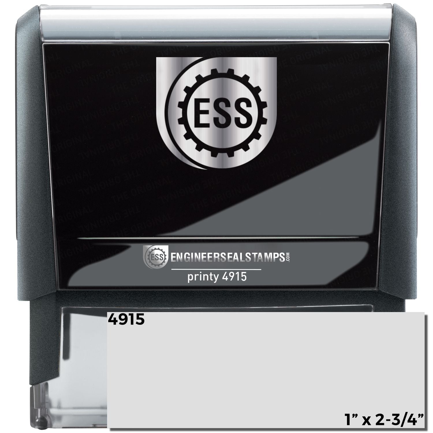 Custom Self Inking Stamp Trodat 4915, size 1 x 2-3/4, with a black and silver design, featuring the ESS logo and printy 4915 text.