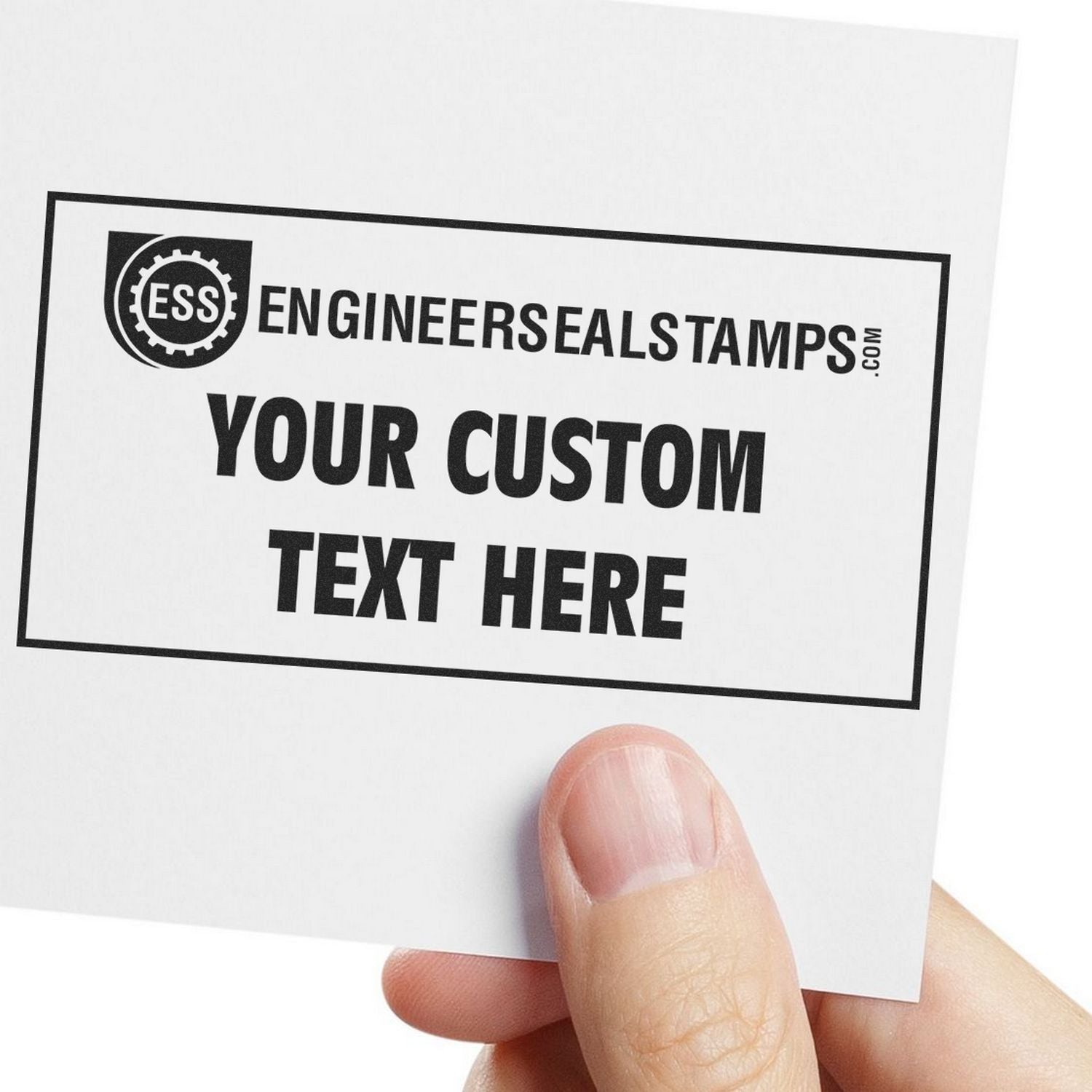 A hand holding a card stamped with Your Custom Text Here using the MaxLight XL2-125 Custom Pre-Inked Business Stamp 1 x 2.