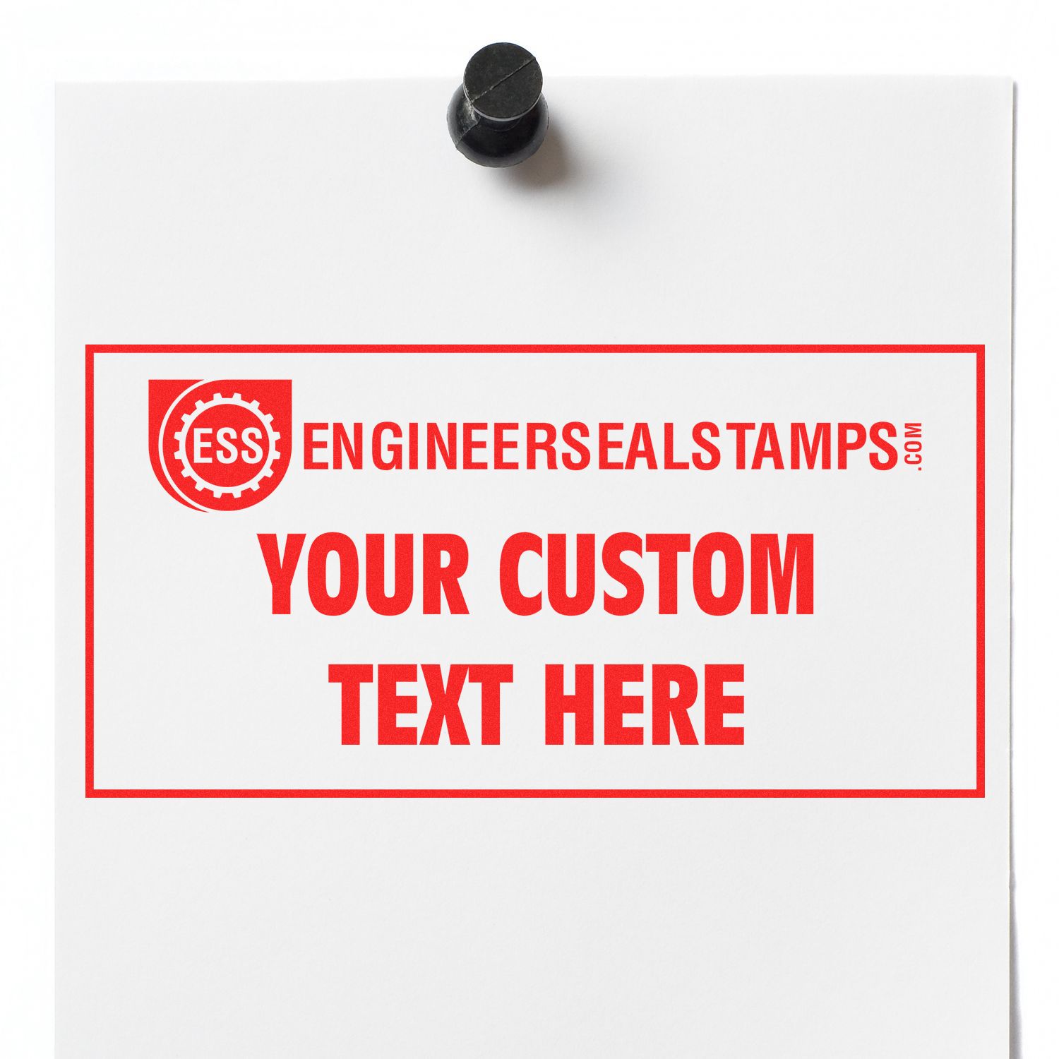 Custom Rubber Stamp Size 5 x 10 in use, displaying YOUR CUSTOM TEXT HERE in red on a white paper pinned to a board.