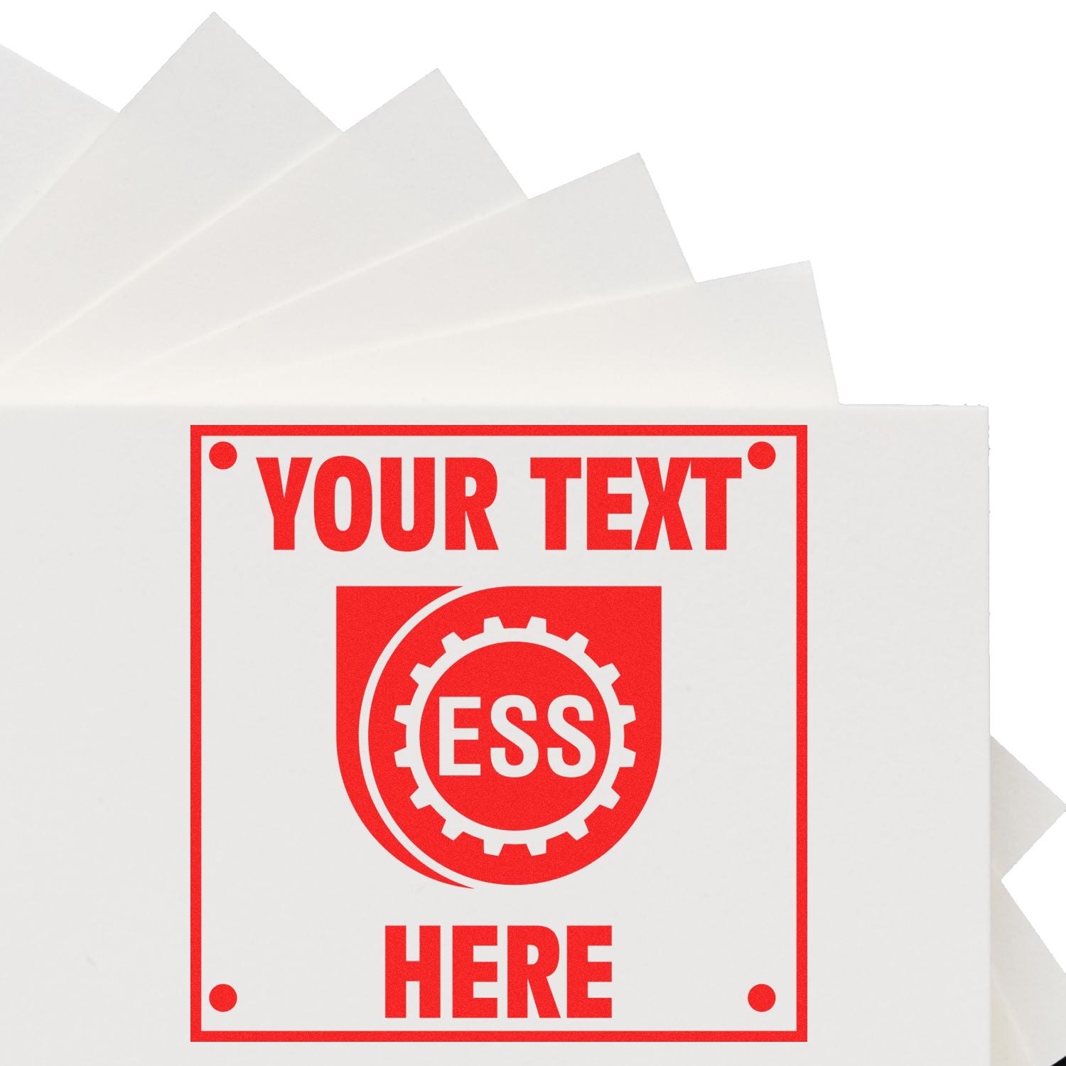 Custom Self Inking Stamp Trodat 4923 Size 1-3/16 x 1-3/16 in red ink, stamping YOUR TEXT HERE on white paper.