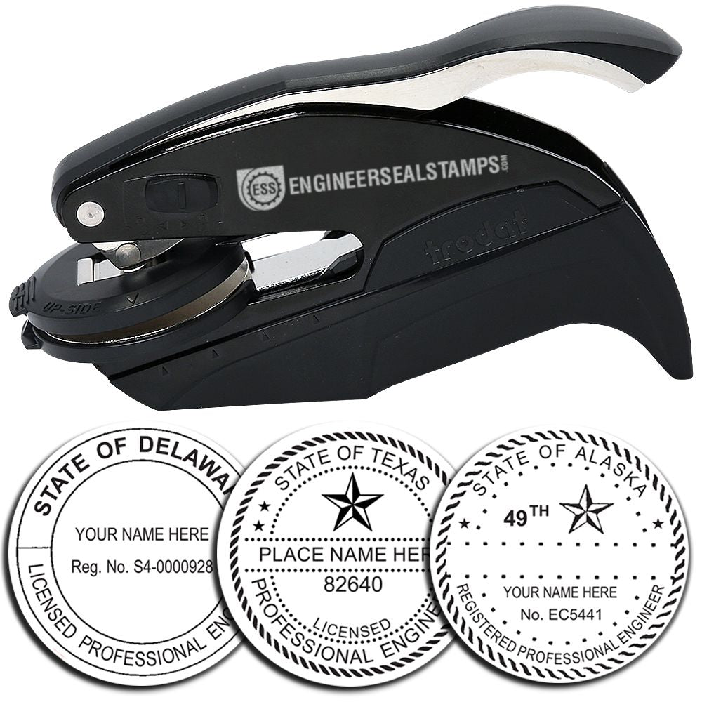 Professional Engineer Hybrid Seal Embosser by Engineer Seal Stamps shown with three sample embossed seals for Delaware, Texas, and Alaska. The embosser has a sleek black design with a comfortable handle.