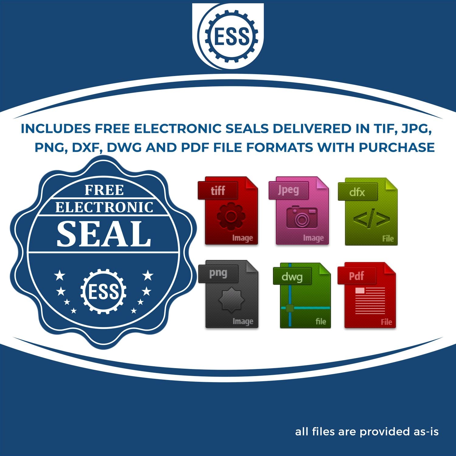 An infographic for the free electronic seal for the Heavy Duty Cast Iron Vermont Land Surveyor Seal Embosser illustrating the different file type icons such as DXF, DWG, TIF, JPG and PNG.