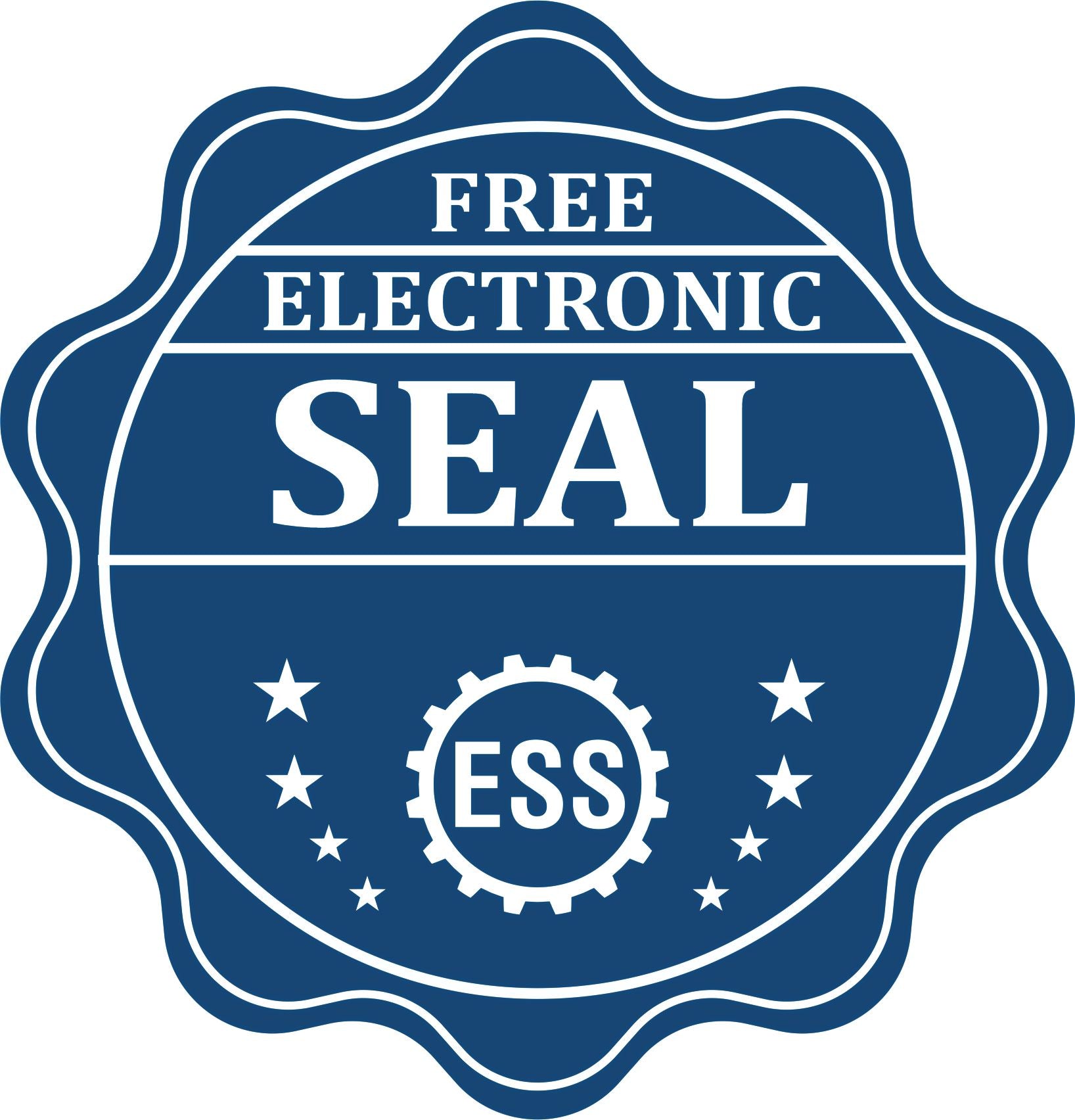 Blue circular emblem with FREE ELECTRONIC SEAL text, stars, and ESS gear symbol. Product: Self Inking Iowa Land Surveyor Stamp.