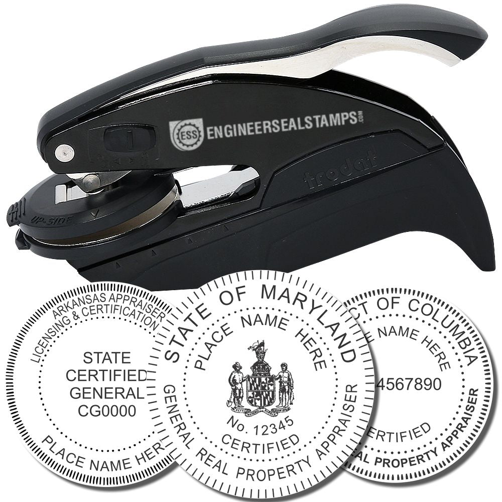 Real Estate Appraiser Hybrid Seal Embosser with black handle, shown with three sample embossed seals for Arkansas, Maryland, and District of Columbia.