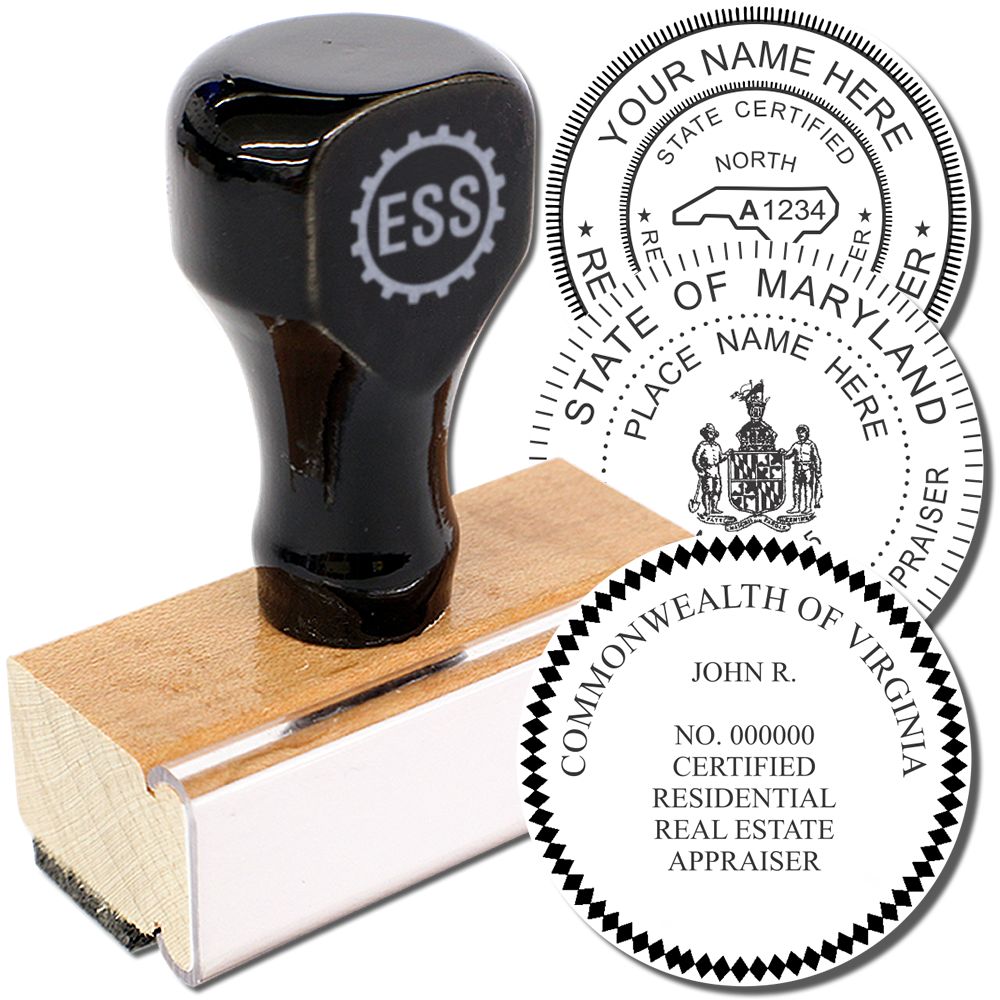 Real Estate Appraiser Regular Rubber Stamp of Seal with customizable text for state certification, featuring a wooden handle and black top.