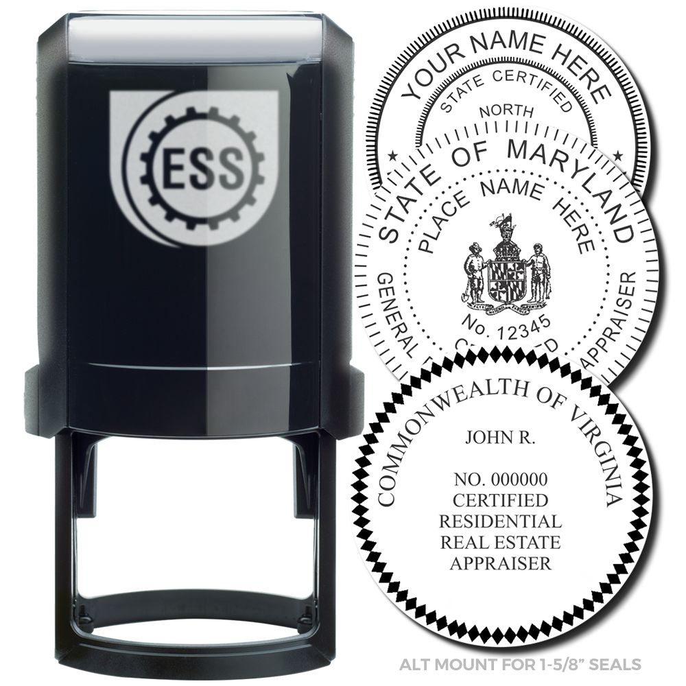 Real Estate Appraiser Self Inking Rubber Stamp of Seal with customizable text options for Maryland and Virginia state certifications.