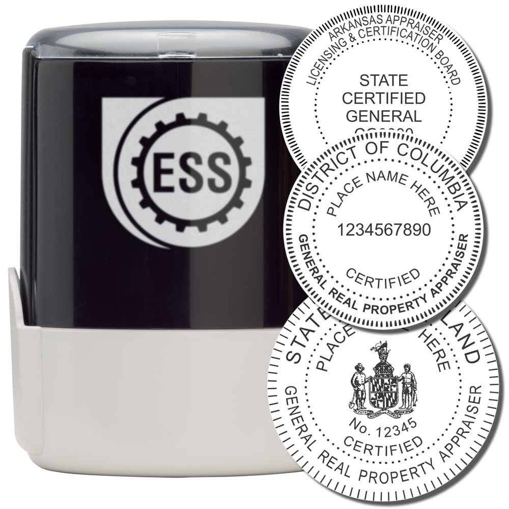 Real Estate Appraiser Self Inking Rubber Stamp of Seal with black and white design, featuring three sample seal impressions for various states.