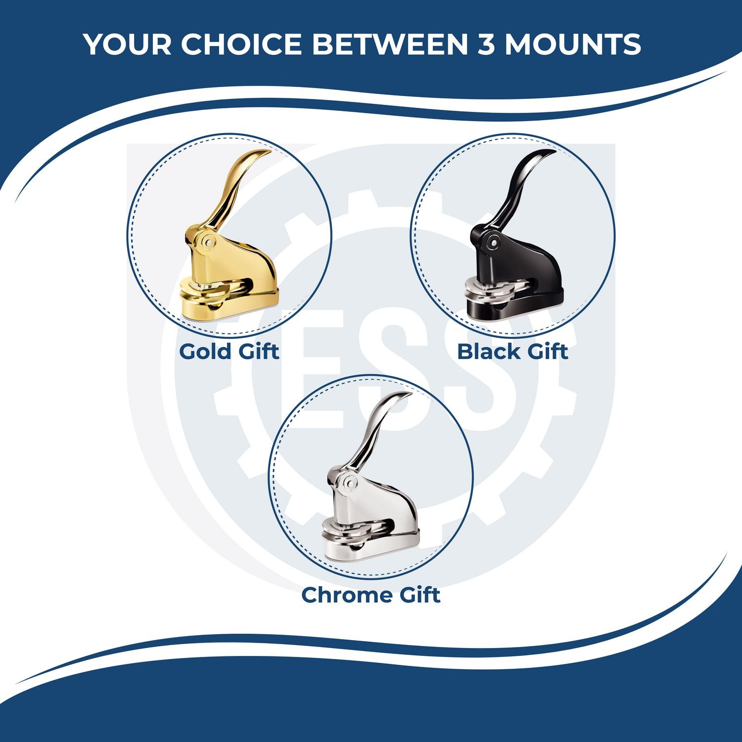 A diagram showing the handle options and colors for the gift seal embosser illustrating black, pink, gold or chrome