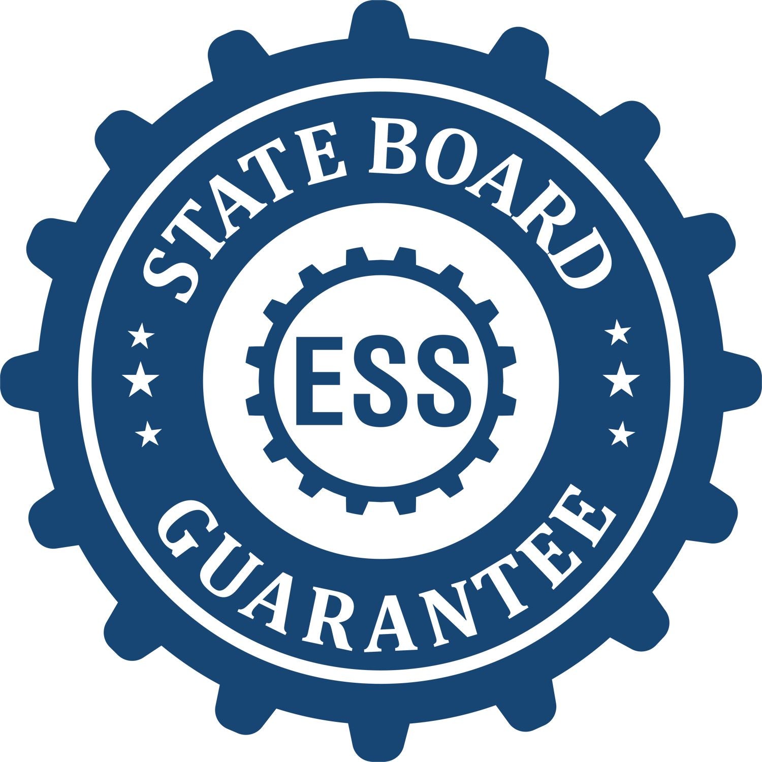 An emblem in a gear shape illustrating a state board guarantee for the Michigan Landscape Architectural Seal Stamp product.
