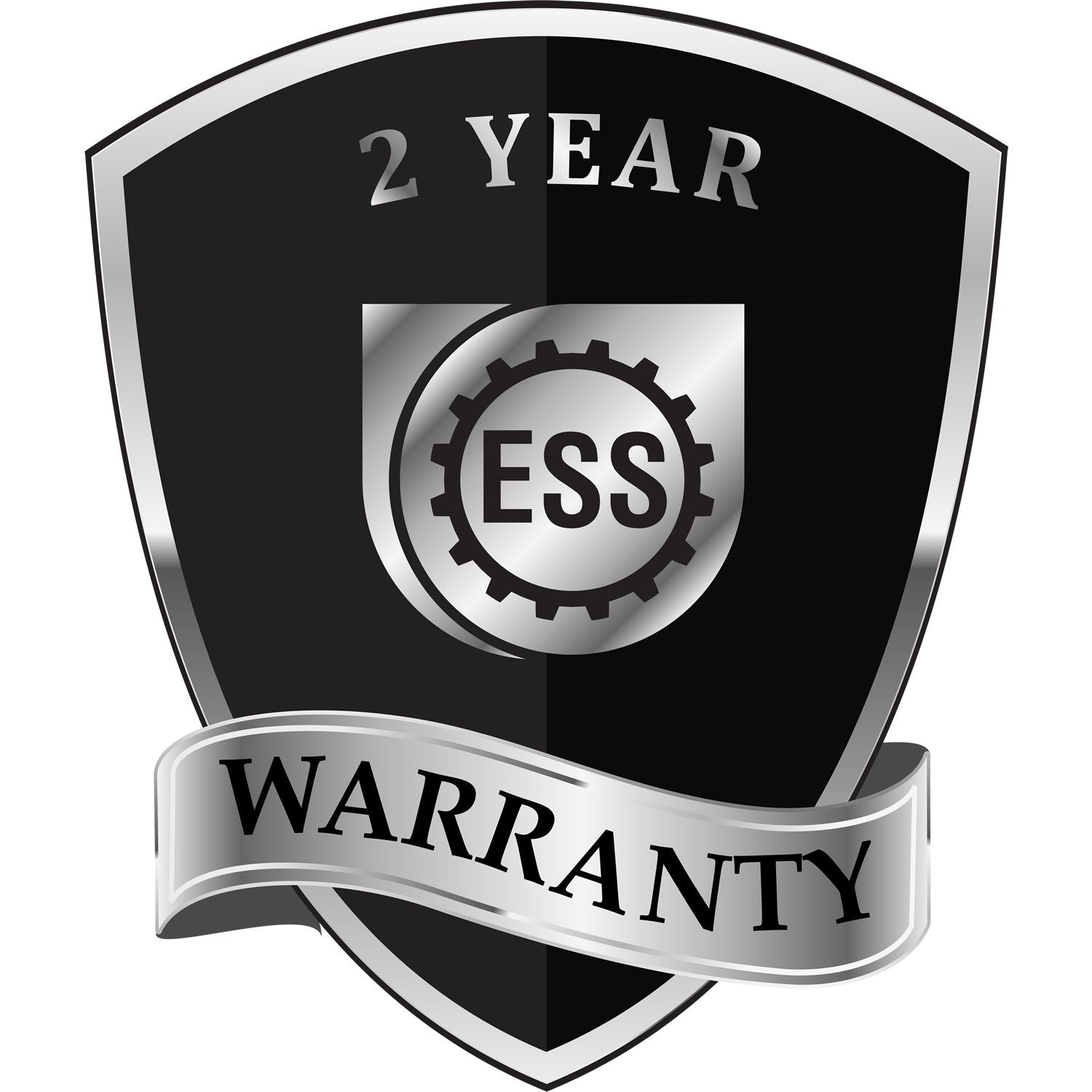 A black and silver badge or emblem showing warranty information for the Hybrid Alabama Land Surveyor Seal
