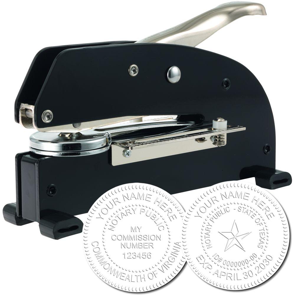 Extended Long Reach Notary Seal Embosser in black with two embossed sample seals showing detailed notary information.