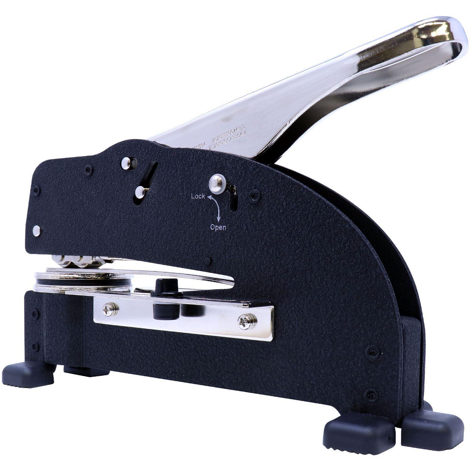 Real Estate Appraiser Extended Long Reach Desk Seal Embosser with a sturdy black base and a chrome handle, shown in a side-back view.