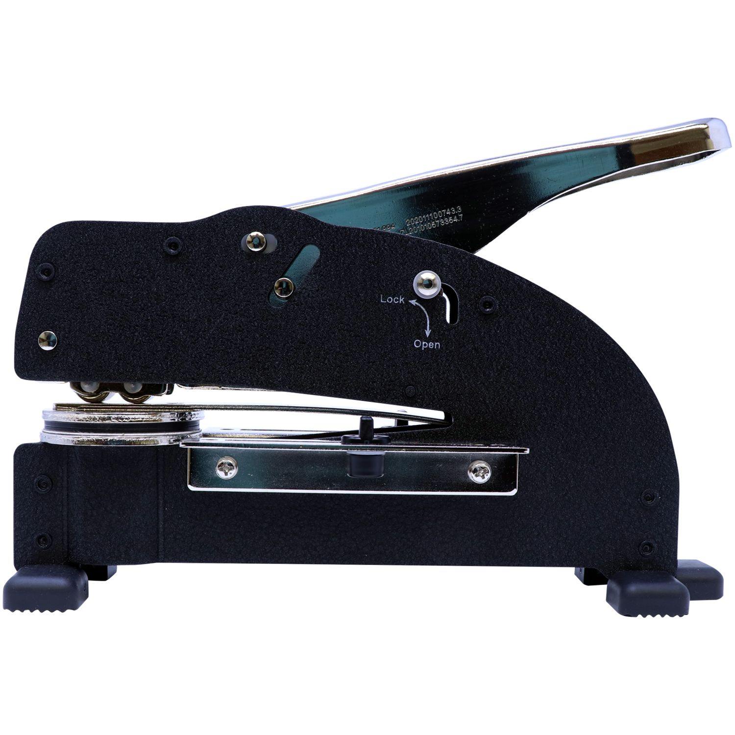 Land Surveyor Extended Long Reach Desk Seal Embosser in black, side view, showing the locking mechanism and sturdy base.