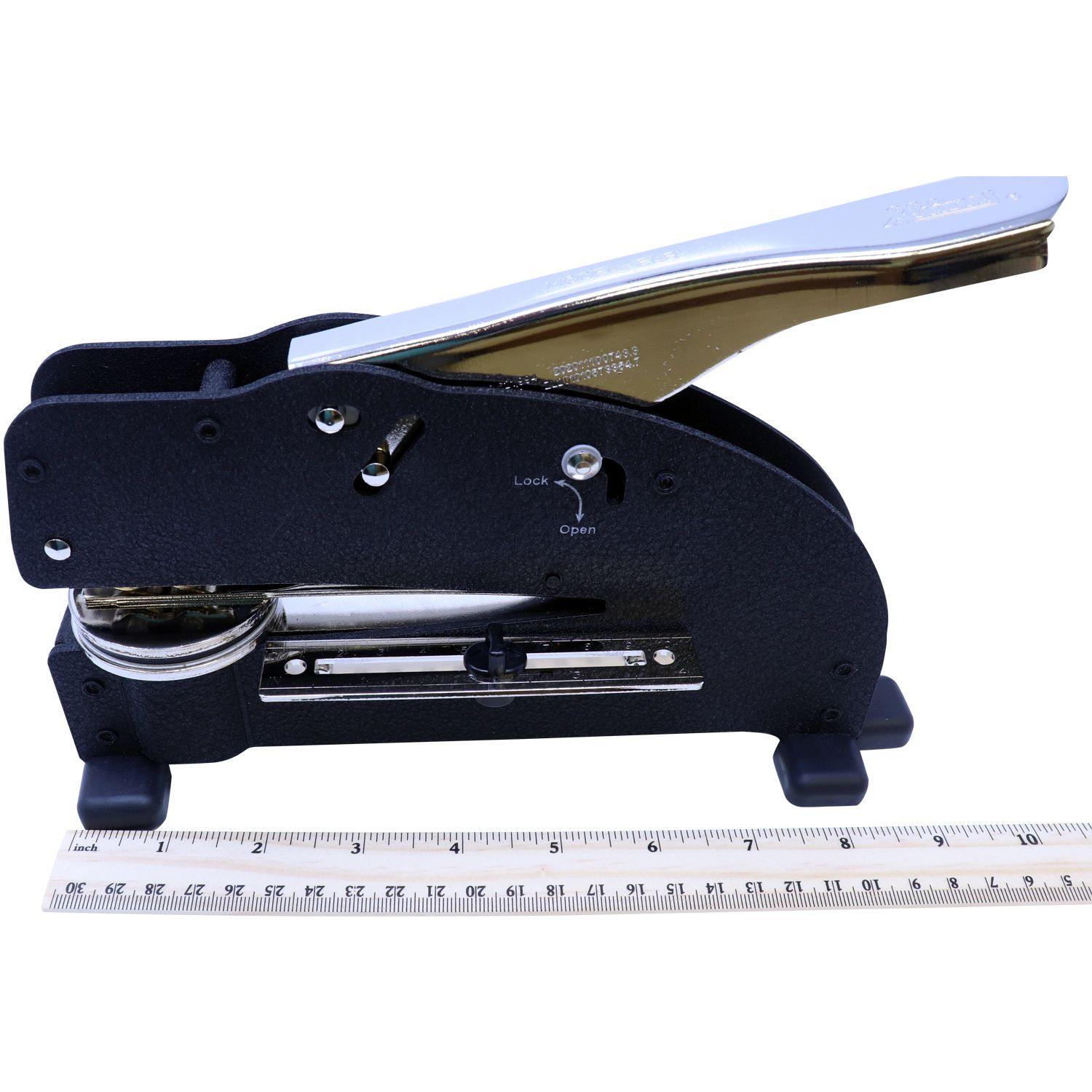 Real Estate Appraiser Extended Long Reach Desk Seal Embosser in black and silver, shown beside a ruler for size reference.