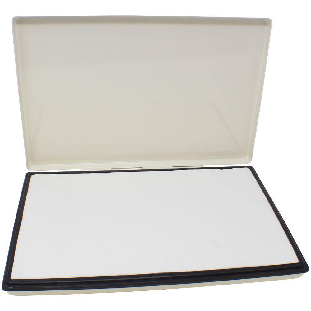 Industrial Rubber Stamp Pad-12 (Size: 6 x 12) with an open lid, showing a large white inking surface inside a rectangular plastic case.