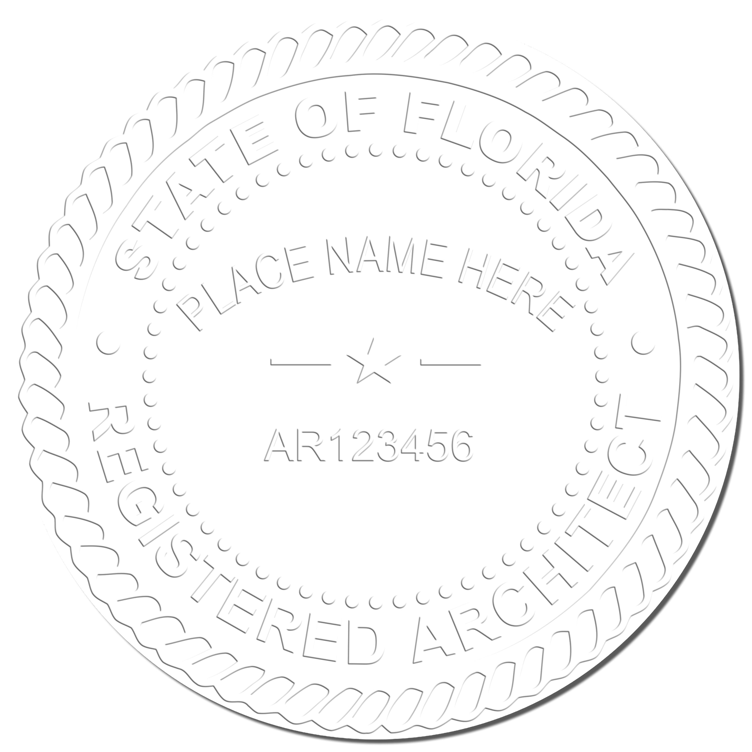 A photograph of the Florida Desk Architect Embossing Seal stamp impression reveals a vivid, professional image of the on paper.