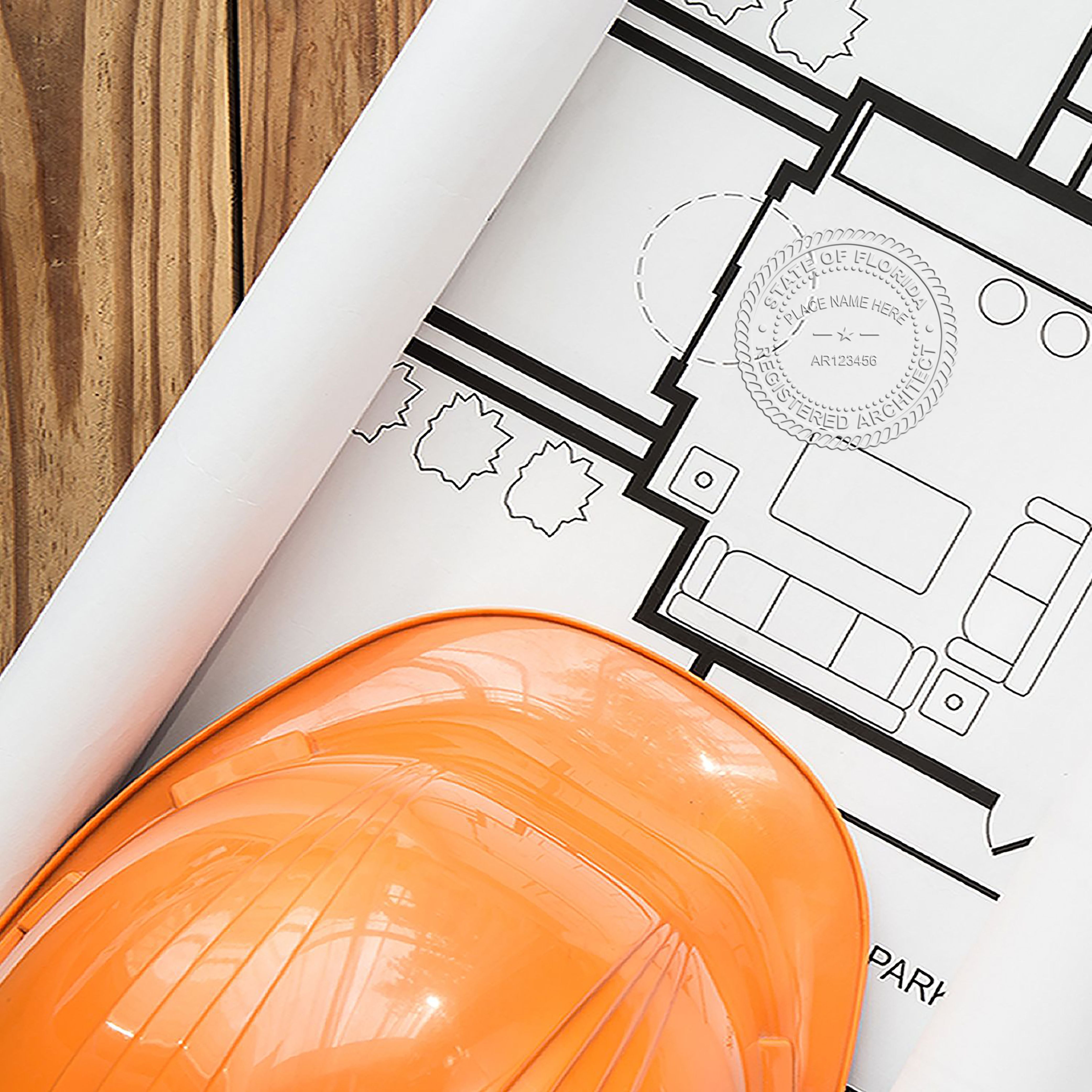 An alternative view of the Florida Desk Architect Embossing Seal stamped on a sheet of paper showing the image in use