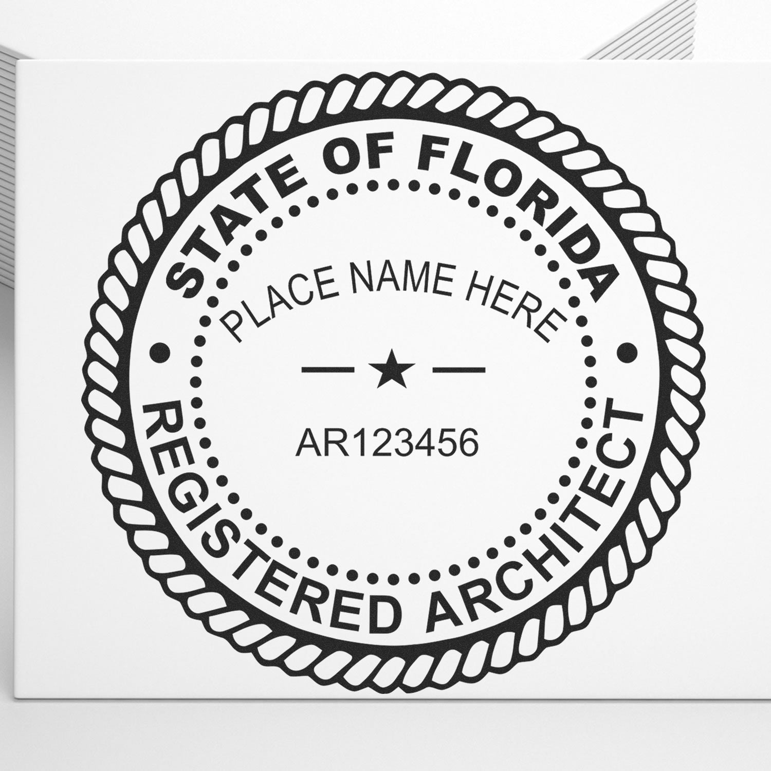 Florida Architect Seal Stamp with State of Florida Registered Architect text, customizable name, and registration number AR123456.