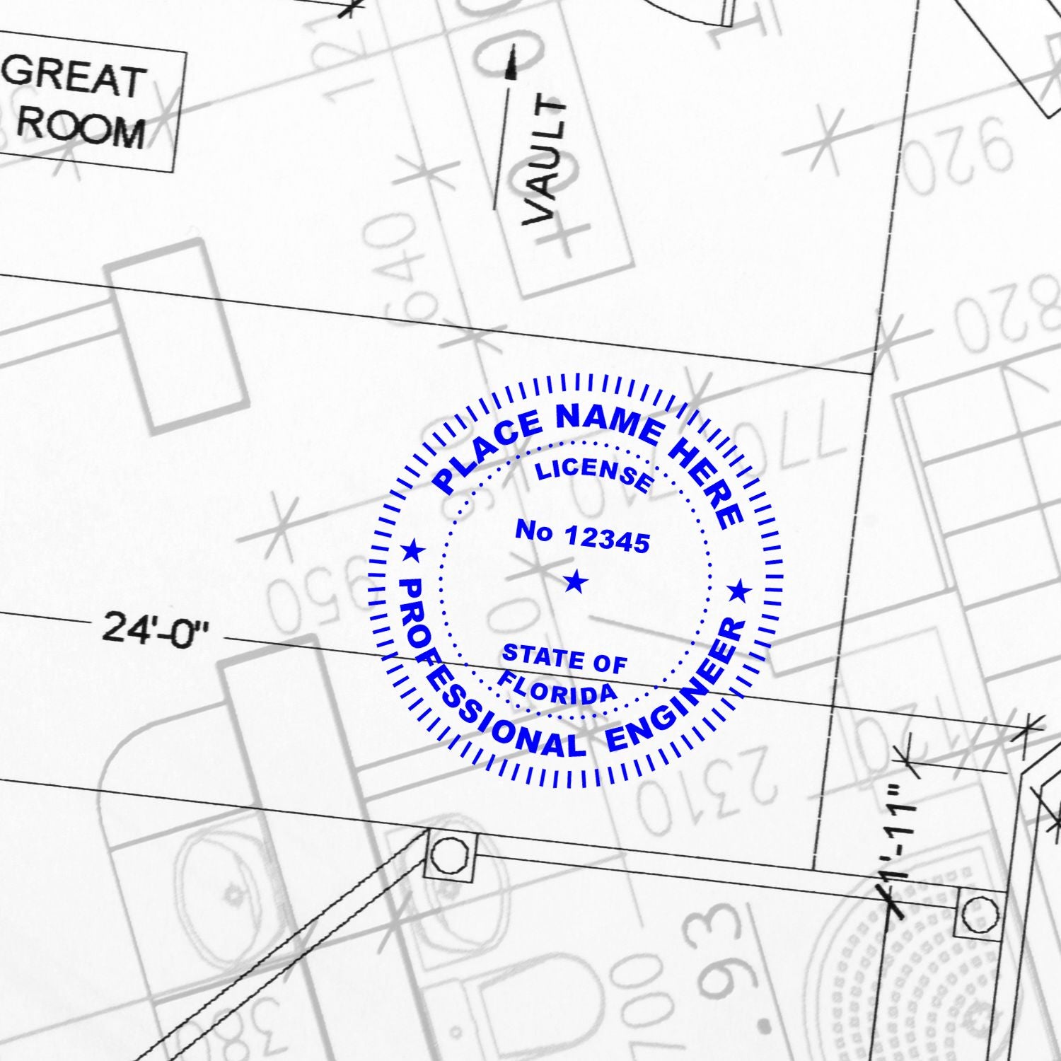 Digital Florida PE Stamp and Electronic Seal for Florida Engineer in use photo showing a stamped imprint of the Digital Florida PE Stamp and Electronic Seal for Florida Engineer