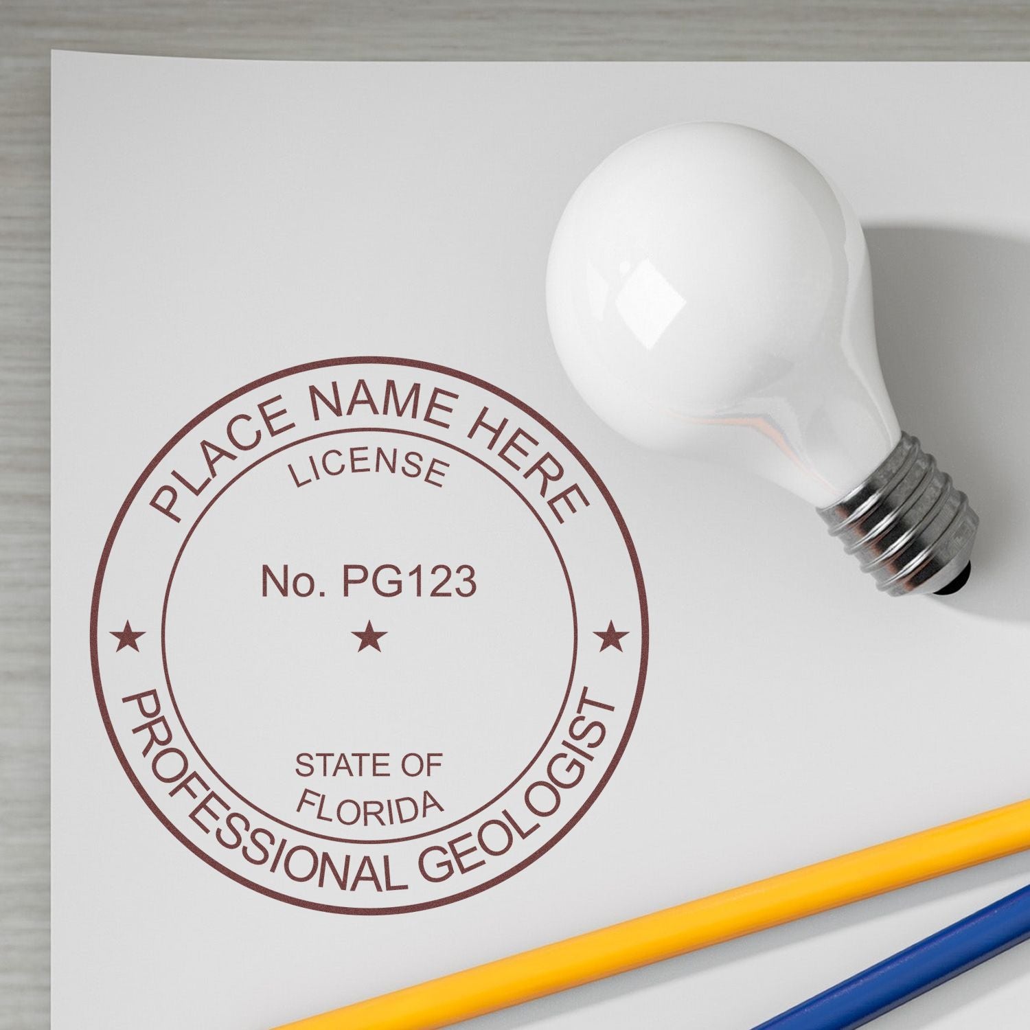 The Self-Inking Florida Geologist Stamp stamp impression comes to life with a crisp, detailed image stamped on paper - showcasing true professional quality.