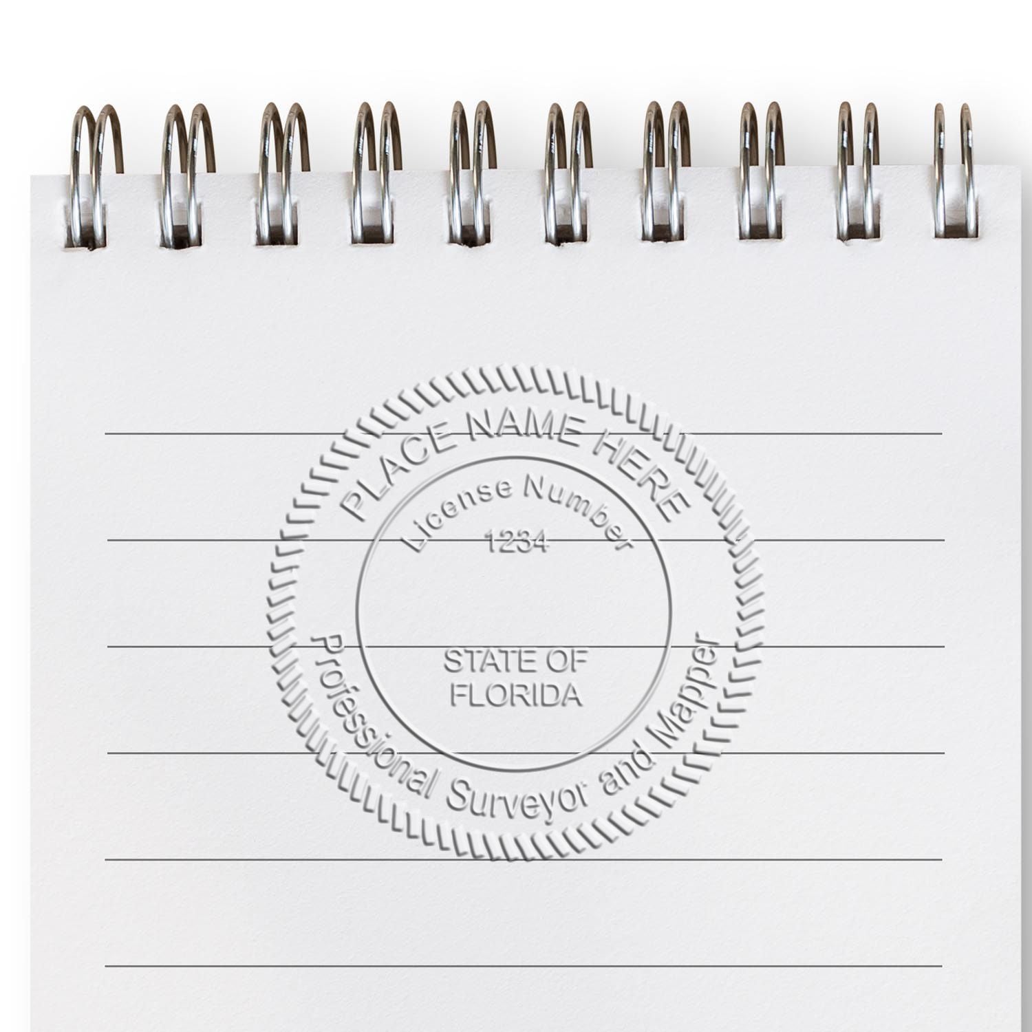 A photograph of the Florida Desk Surveyor Seal Embosser stamp impression reveals a vivid, professional image of the on paper.