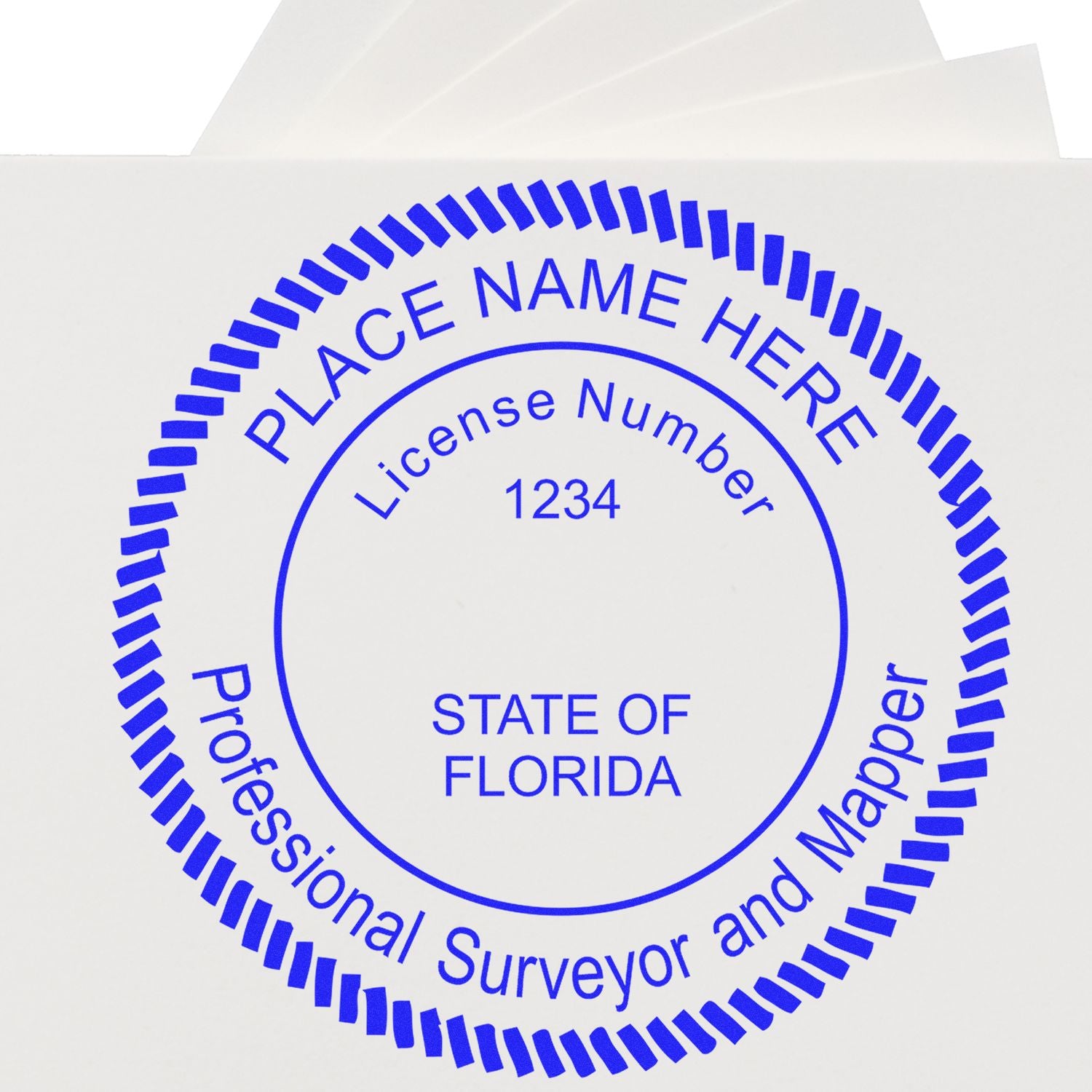 A lifestyle photo showing a stamped image of the Slim Pre-Inked Florida Land Surveyor Seal Stamp on a piece of paper