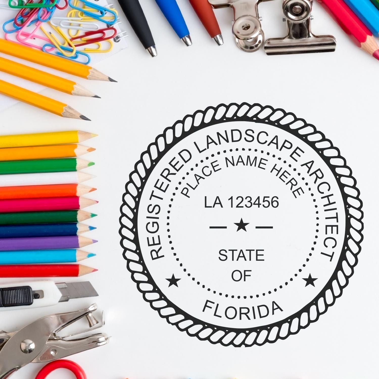 This paper is stamped with a sample imprint of the Premium MaxLight Pre-Inked Florida Landscape Architectural Stamp, signifying its quality and reliability.
