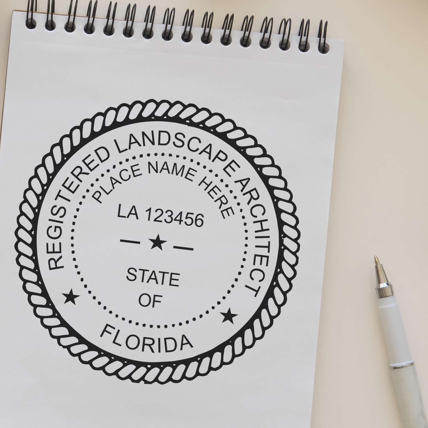 Premium MaxLight Pre-Inked Florida Landscape Architectural Stamp in use photo showing a stamped imprint of the Premium MaxLight Pre-Inked Florida Landscape Architectural Stamp