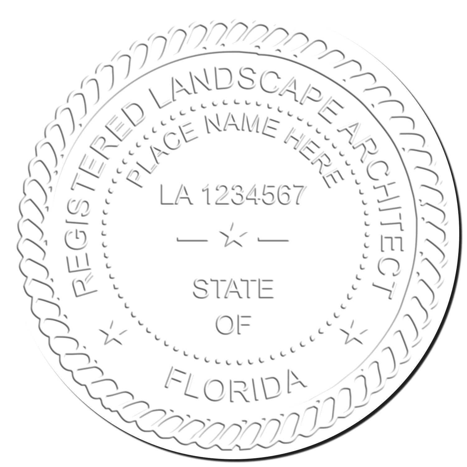 This paper is stamped with a sample imprint of the State of Florida Handheld Landscape Architect Seal, signifying its quality and reliability.