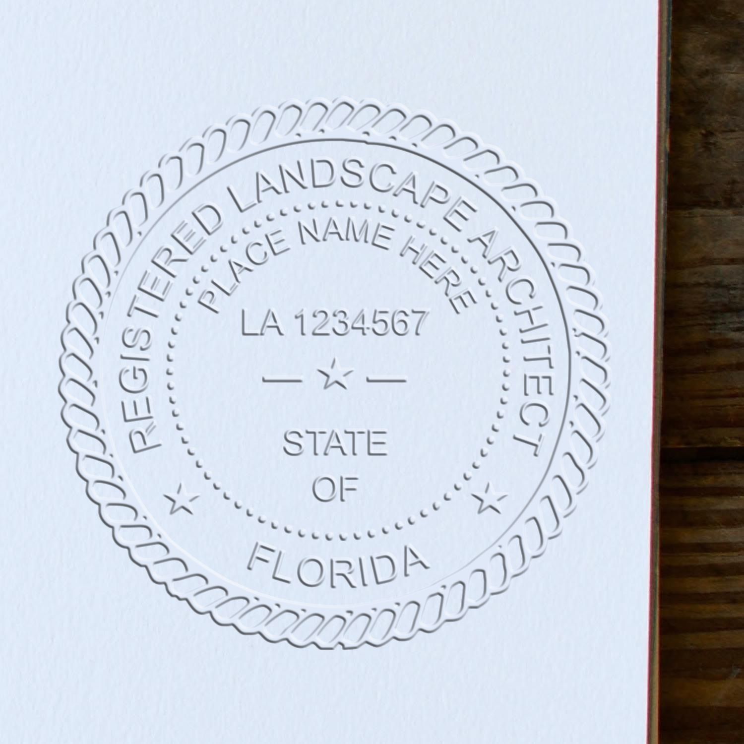 The Florida Desk Landscape Architectural Seal Embosser stamp impression comes to life with a crisp, detailed photo on paper - showcasing true professional quality.