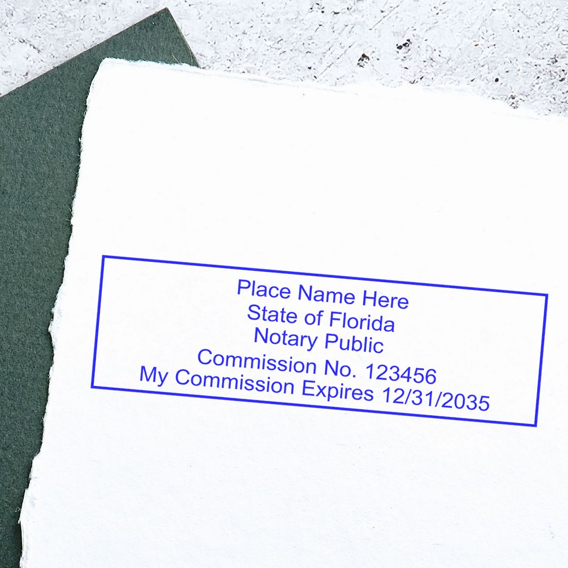 Slim Pre-Inked Rectangular Notary Stamp for Florida in use photo showing a stamped imprint of the Slim Pre-Inked Rectangular Notary Stamp for Florida