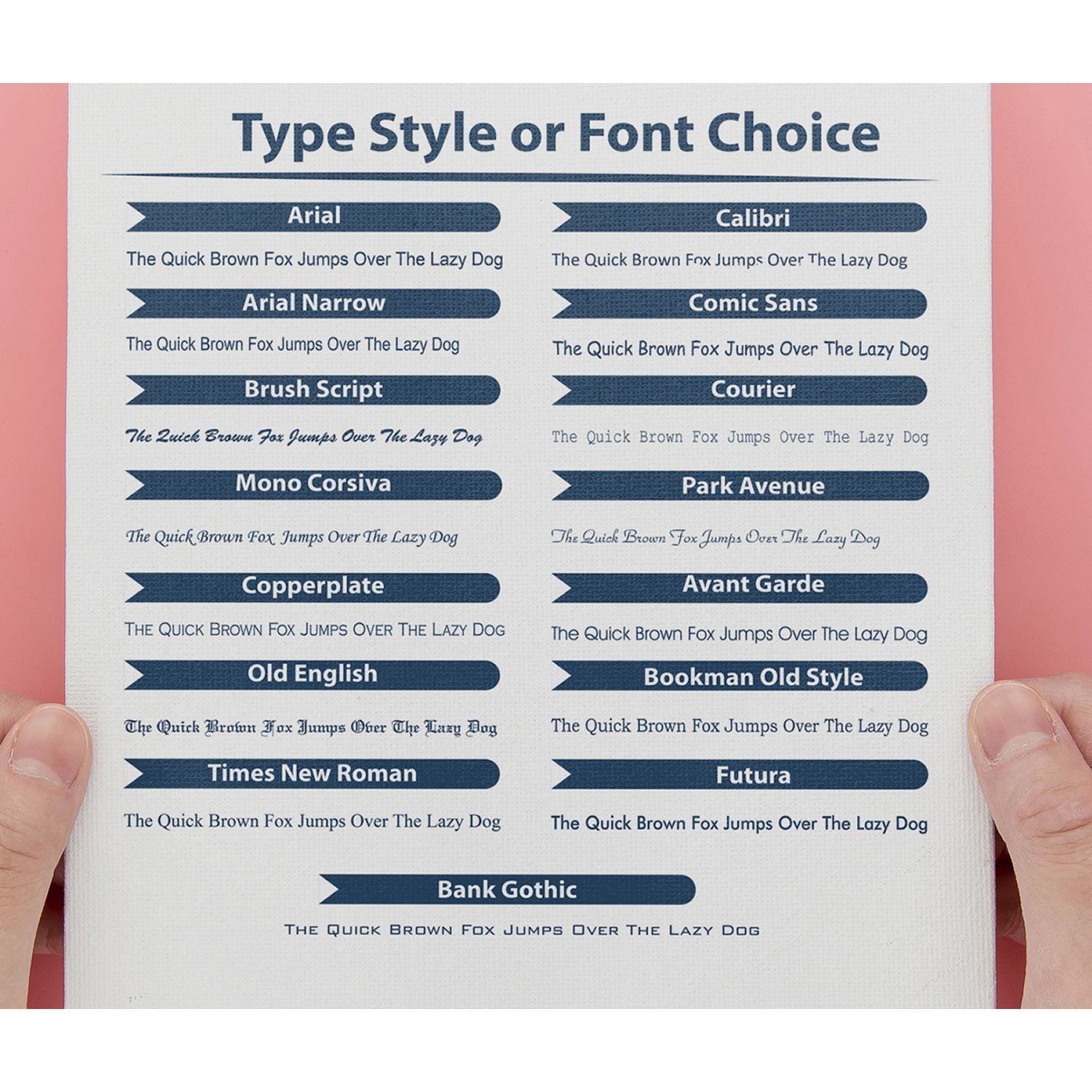 A hand holding a font choice sheet for the Custom Self Inking Stamp Trodat 5208 Size 2 x 2-3/4, displaying various type styles and font options.