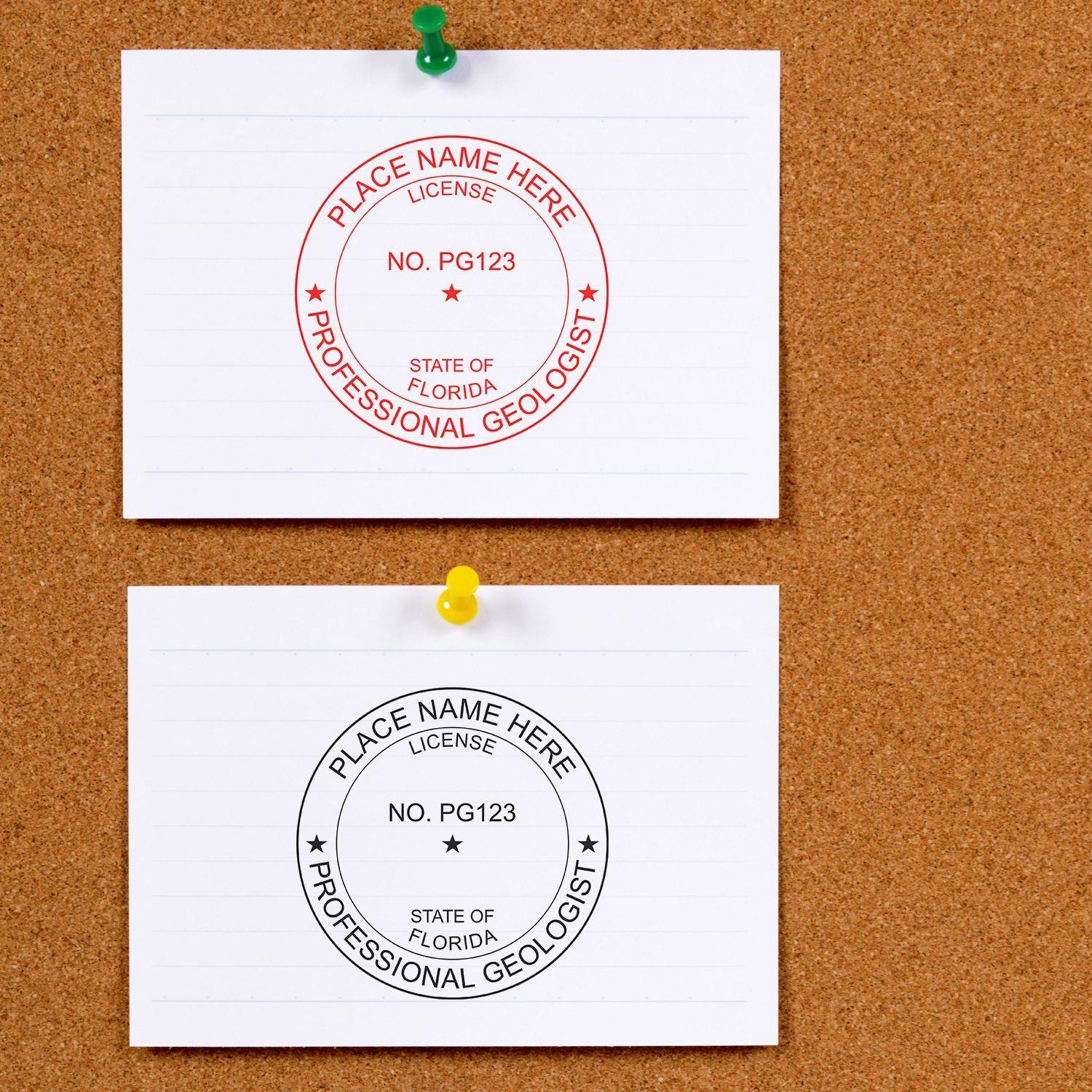 Two index cards pinned to a corkboard display the Geologist eSeal Electronic Image Stamp of Seal in red and black ink.