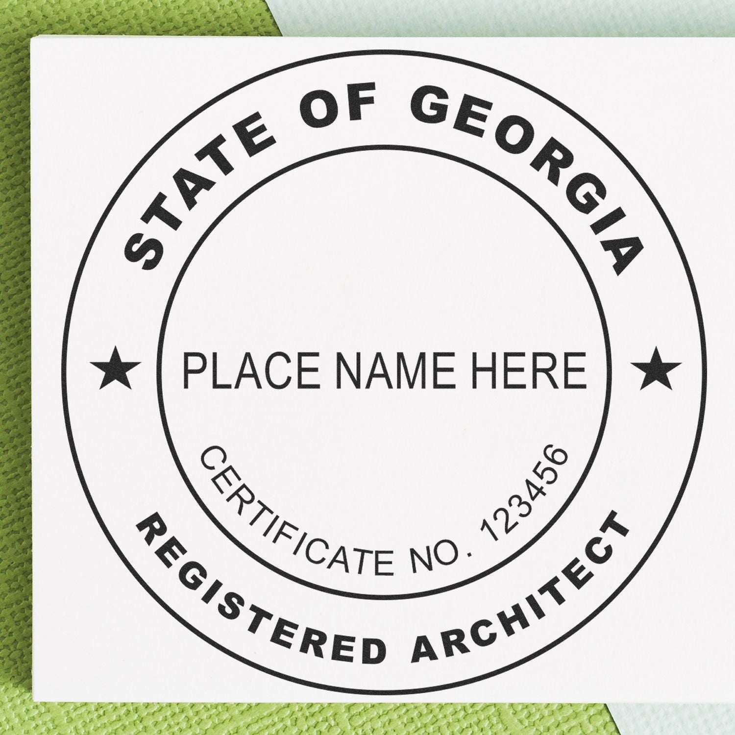 Premium MaxLight Pre-Inked Georgia Architectural Stamp with customizable name and certificate number, displayed on a white background.